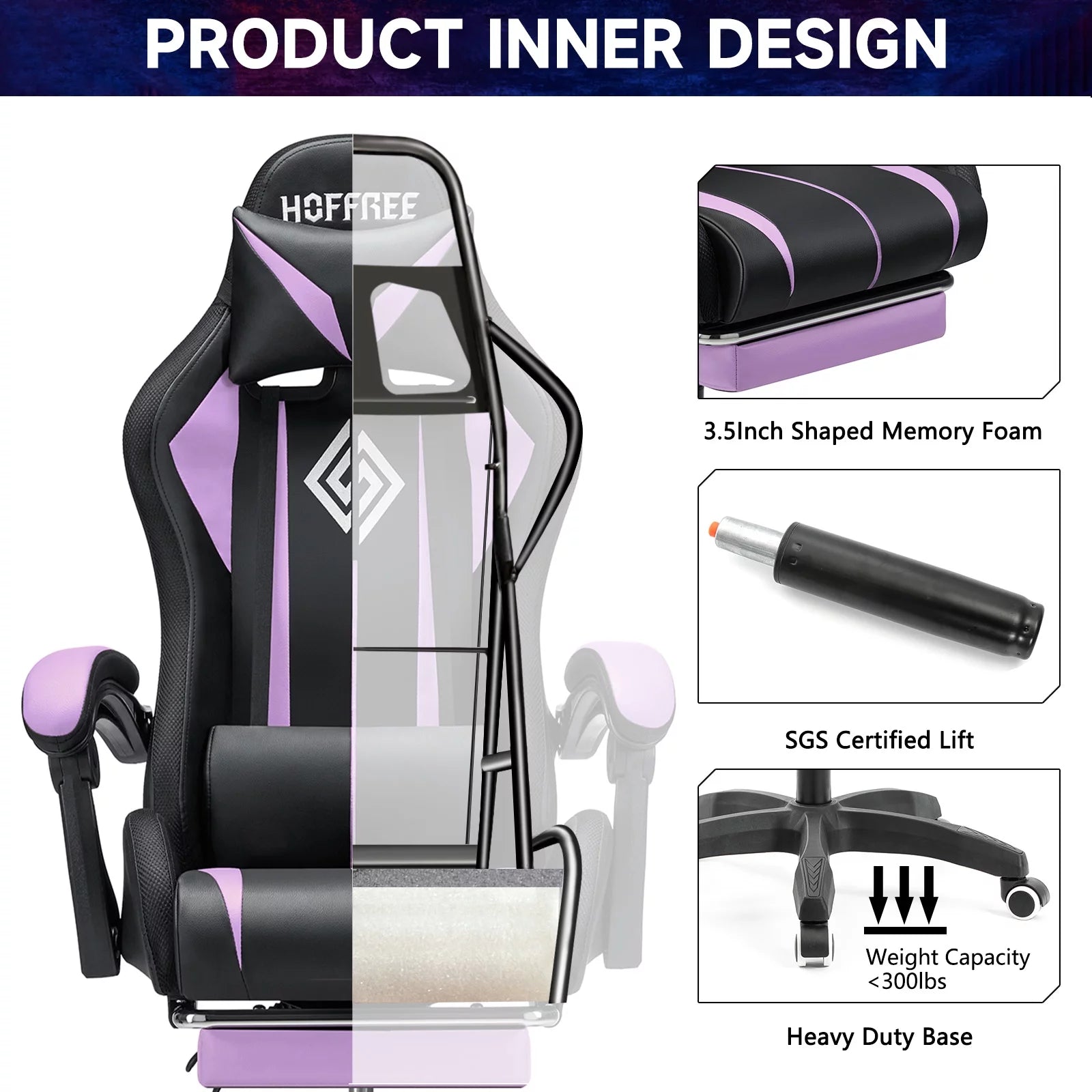 Gaming Chair with Massage PU Leather Office Chair with Footrest and LED Light Ergonomic Gamer Chair Lumbar Support Adjustable Headrest High Back Computer Chair for Home Office