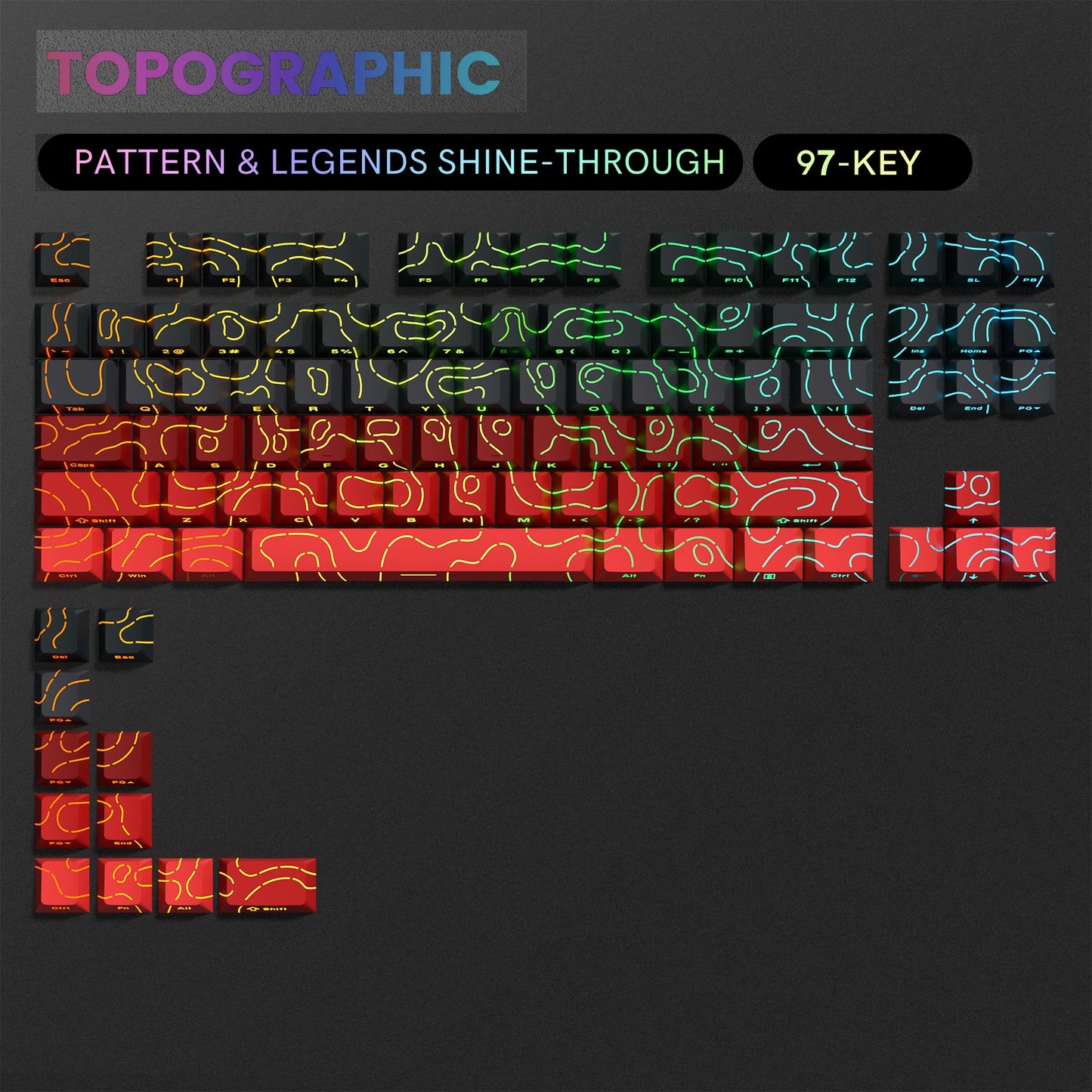 134 Key Black Topographic 4.0 PBT Keycaps Double Shot Side Print Shine through Backlit Key Caps for MX Gamer Mechanical Keyboard