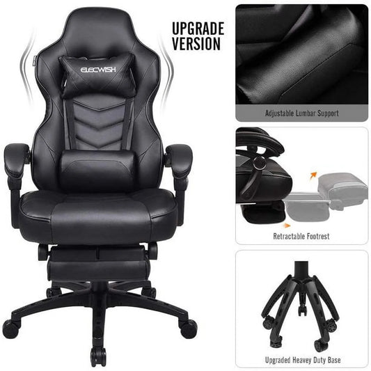 Racing Style Reclining Gaming Chair High Back Large Size Ergonomic Adjustable Swivel Computer Chair with Footrest Headrest and Lumbar Support PU Leather Executive Office Chair (Black)