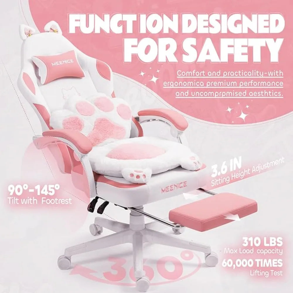 Gaming Chair, Cute with Cat Ears Paw Lumbar and Cushion,Ergonomic Computer Chair with Footrest, Reclining, Computer Chair