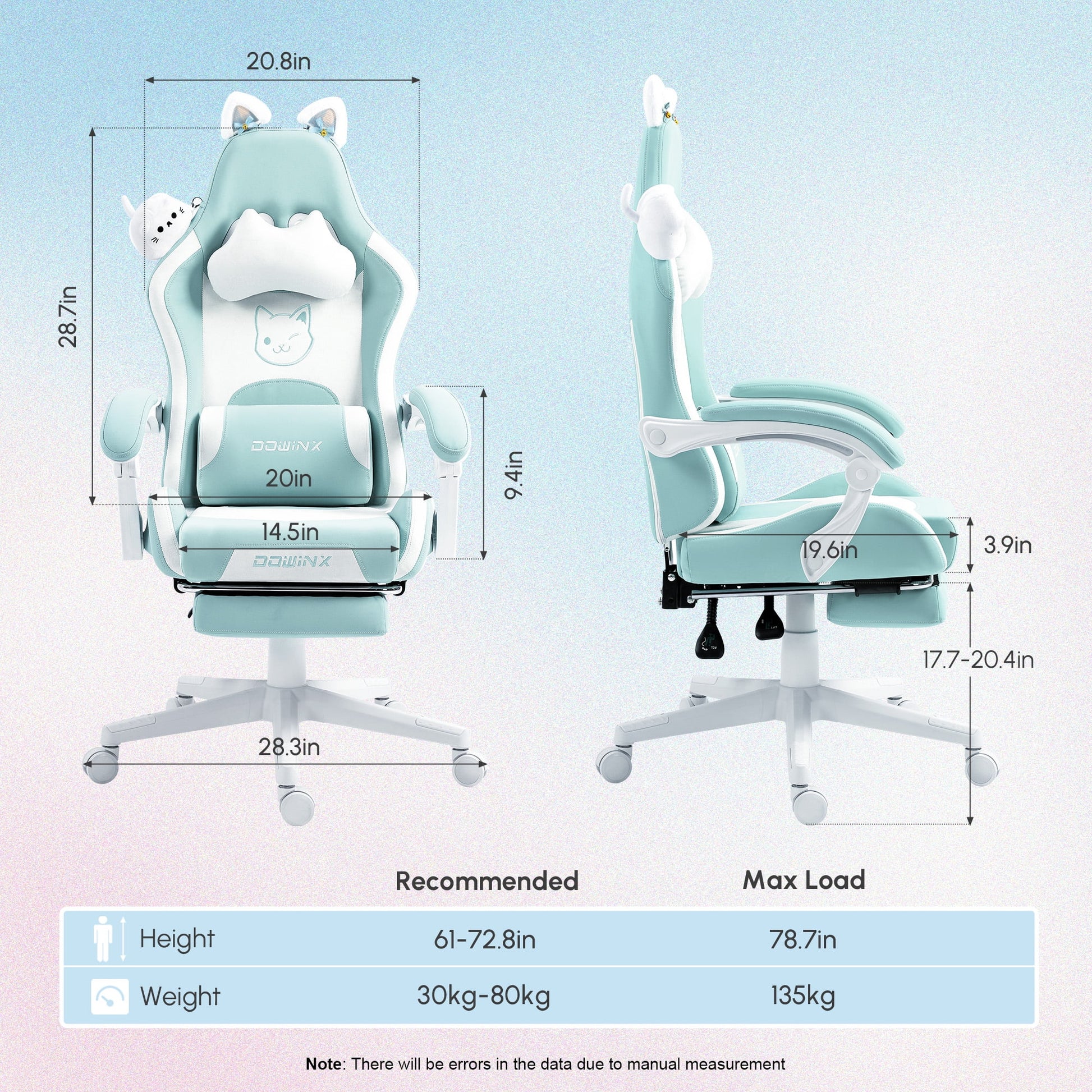 Cute Cat-Ear Gaming Chair with Massaging Lumbar Support, Ergonomic Computer Gaming Chair for Girl and Adults, Reclining Comfort Game Chairs with Footrest, Blue