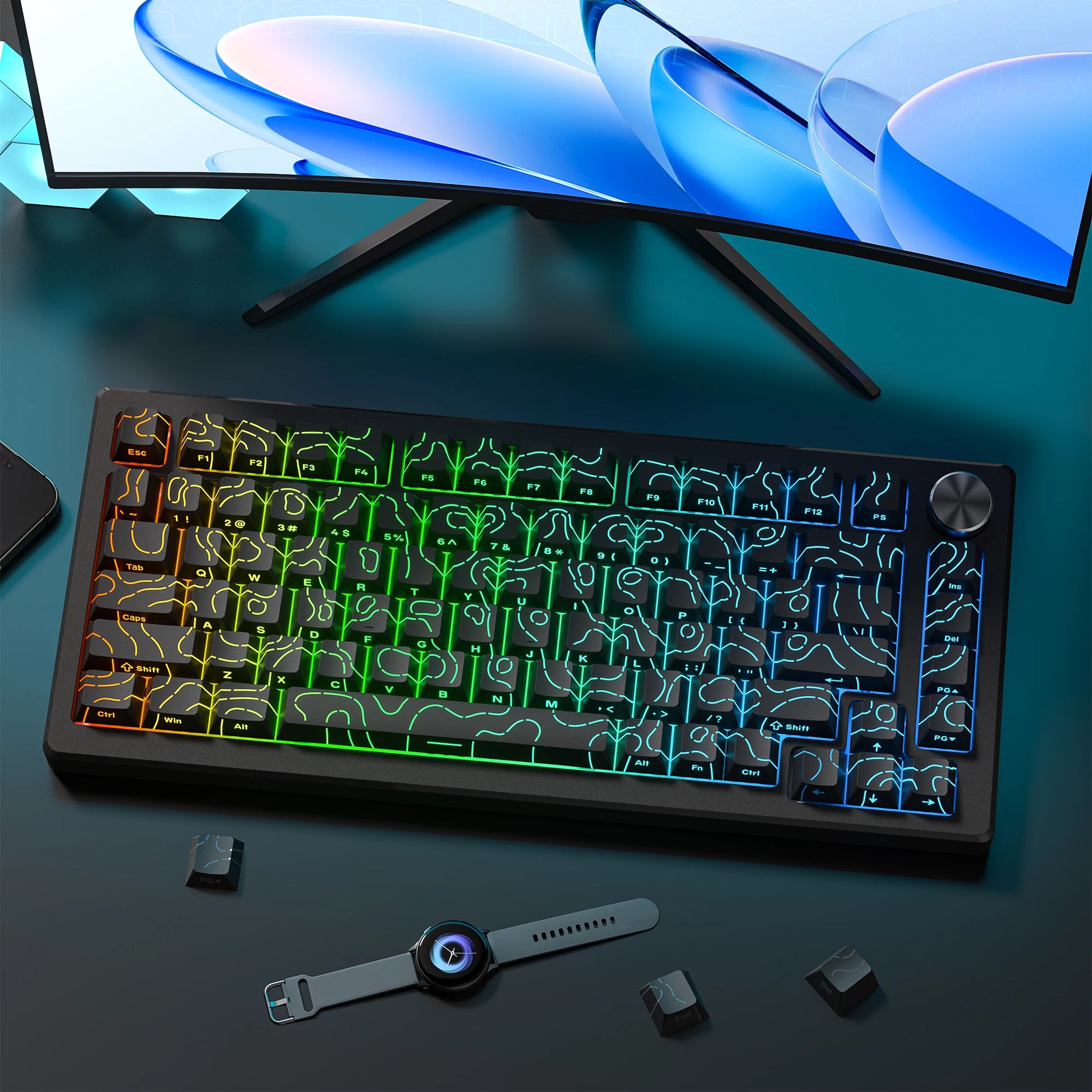 134 Key Black Topographic 4.0 PBT Keycaps Double Shot Side Print Shine through Backlit Key Caps for MX Gamer Mechanical Keyboard