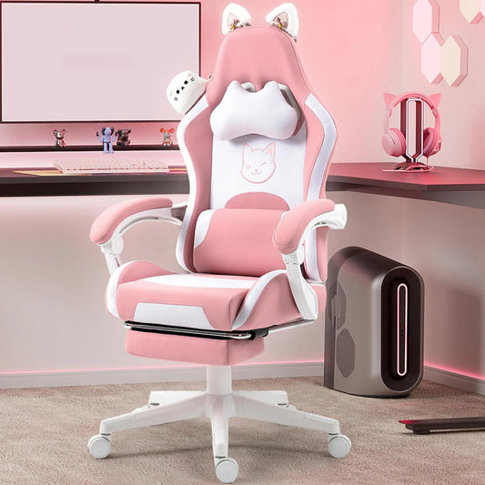 Game Chair, Equipped with Cat Ears and Massage Lumbar Support, with Foot Pedals and Headrest, Recliner Weighing 290 Pounds, Pink
