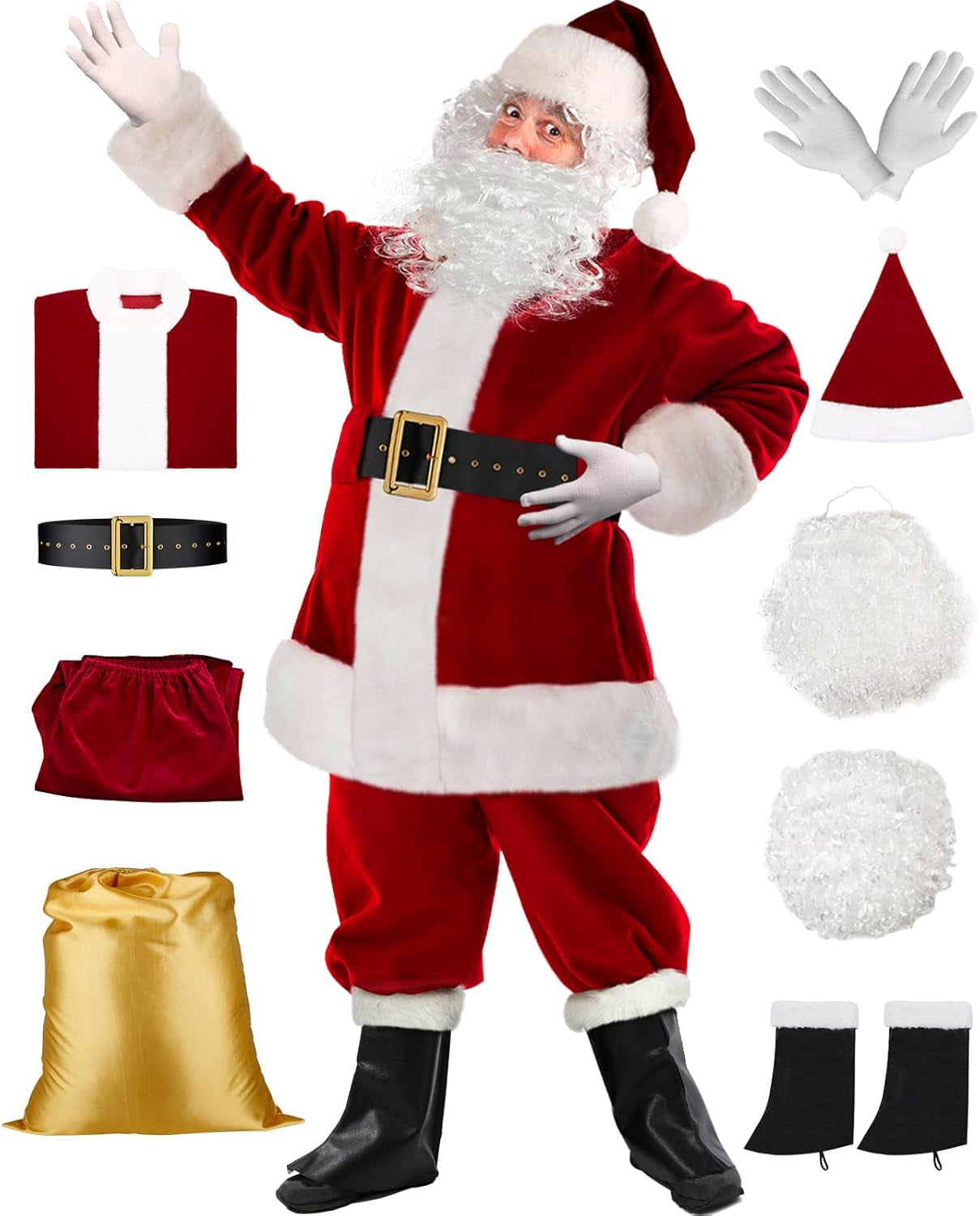 Deluxe Santa Claus Costume for Men - 9Pcs Classic Santa Suit Outfit for Adults
