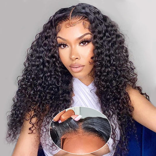 Wear and Go Glueless Wigs Human Hair Pre Plucked Pre Cut for Beginners Deep Wave Lace Front Wigs Human Hair 4X4 HD Lace Closure Deep Curly Wigs Human Hair for Women 18 Inch 180% Density