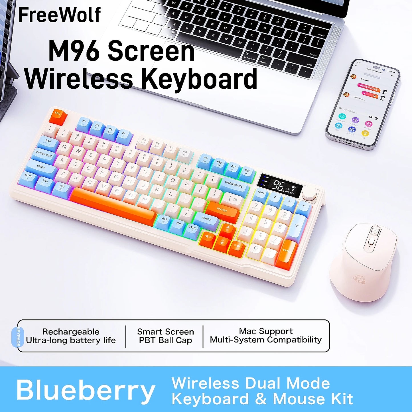 M96 Bluetooth Keyboard Mouse Combos with Media Knob, Screen Keyboard with Mouse,Multi-Device Connection,Ergonomic