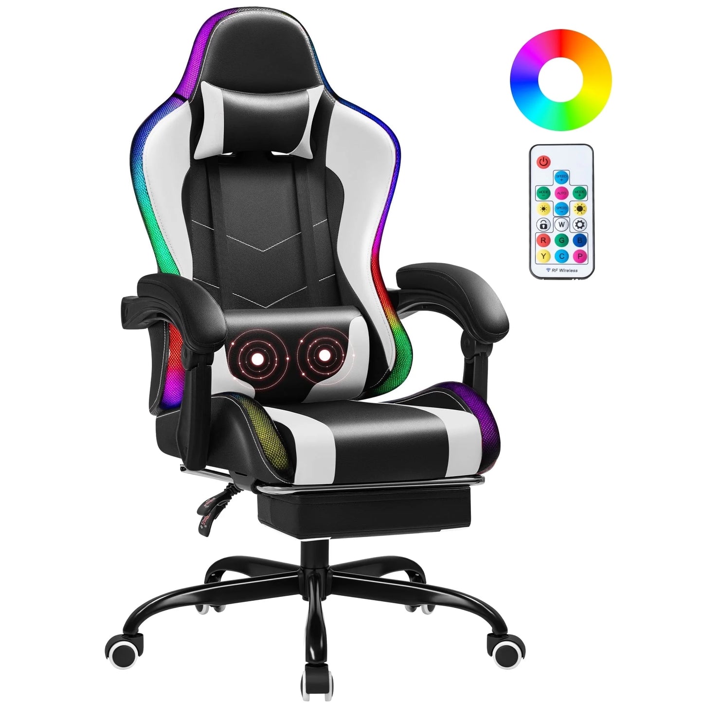 Homall RGB Gaming Chair with Massage and LED Lights Ergonomic Computer Chair with Footrest E-Sports Chair with Adjustable Lumbar Support Reclining Video Game Chair, Black