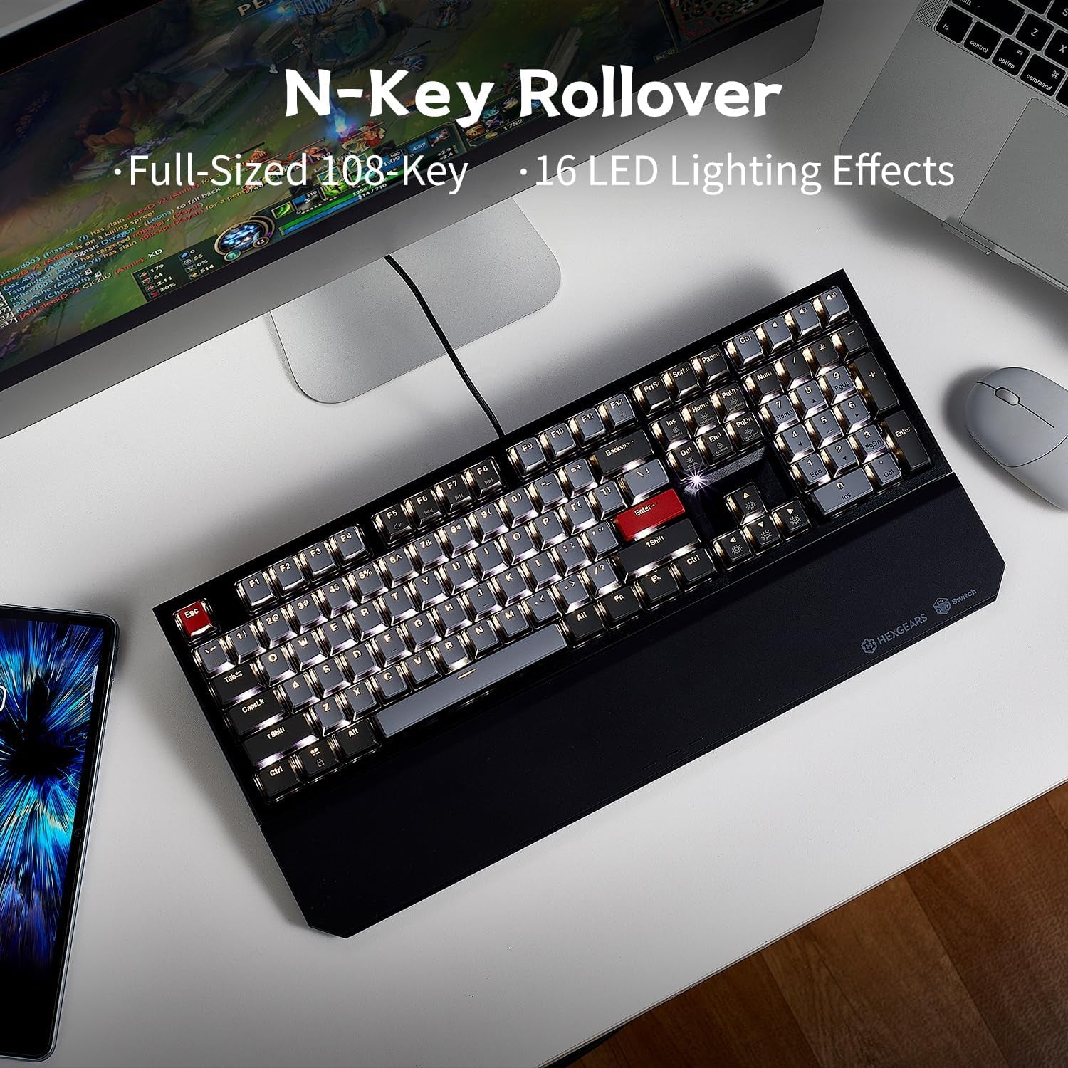 Hexgears Powerblade X5 Wireless Mechanical Gaming Keyboard, Pudding PBT Keycaps, Full Size 108-Key, Kailh Box Switches, N-Key Rollover, Anti-Ghosting, White Backlight, Wrist Rest, 2.4Ghz Wireless