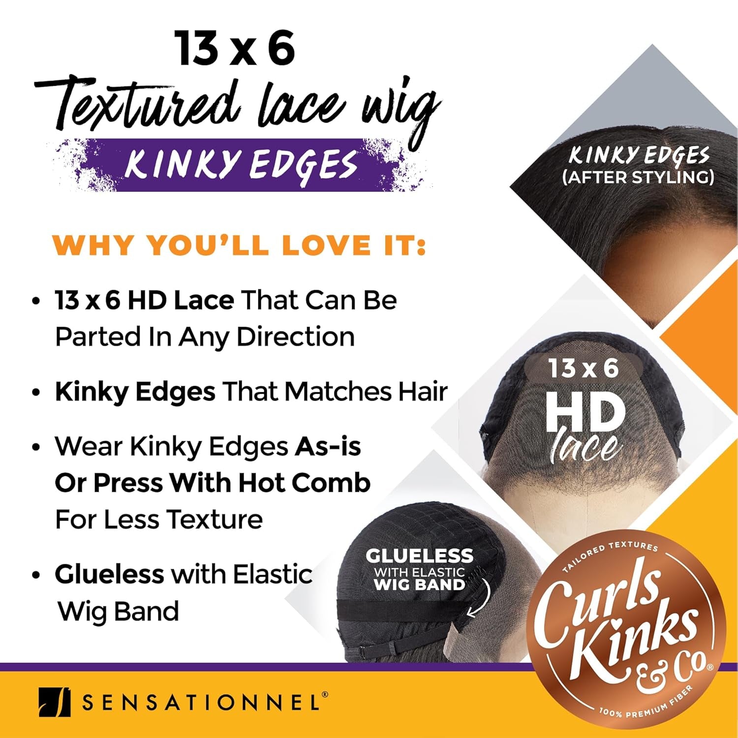 Sensationnel Curls Kinksandco Kinkyedges Wig - Kinky Straight 24 Inch 13X6 Lace Frontal Natural Kinkytexture Edged Hairline for Natural 3C to 4C Hair Textures (BALAYAGEGOLD)