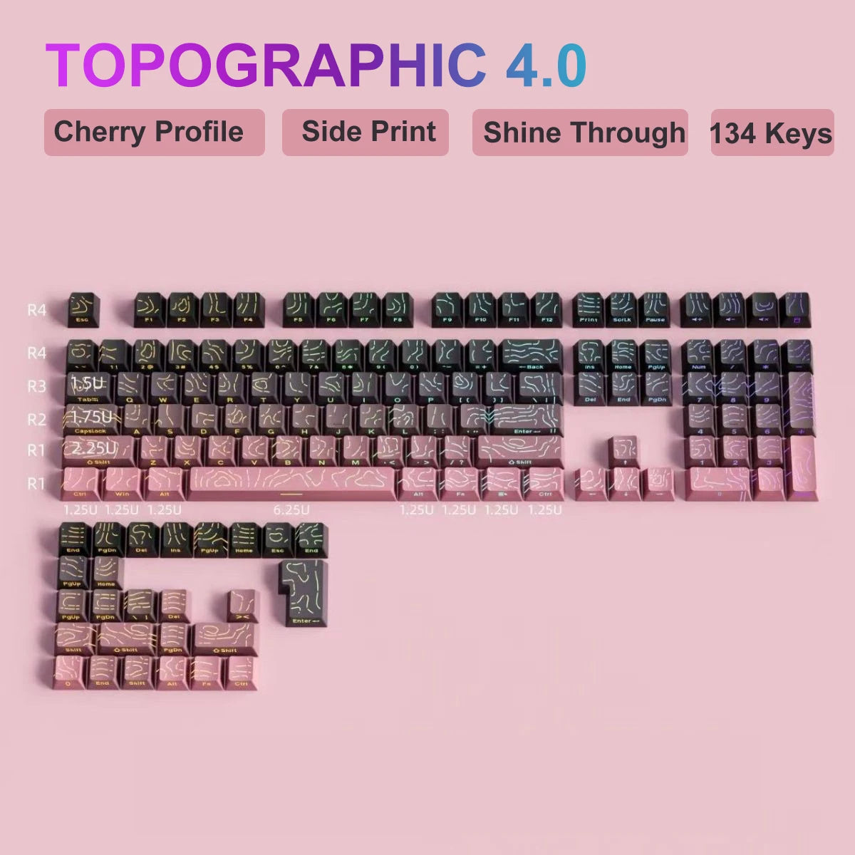 134 Key Black Topographic 4.0 PBT Keycaps Double Shot Side Print Shine through Backlit Key Caps for MX Gamer Mechanical Keyboard