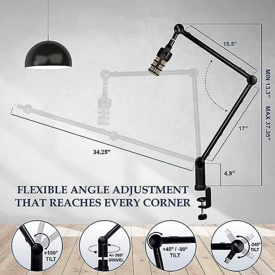 IXTECH Boom Arm - Adjustable 360 Rotatable Microphone Arm - Sturdy Stainless Steel Mic Arm Desk, Table Stand - Foldable Scissor Arm - Stable Microphone Mount Arms for Radio Studio, Podcast, Gaming