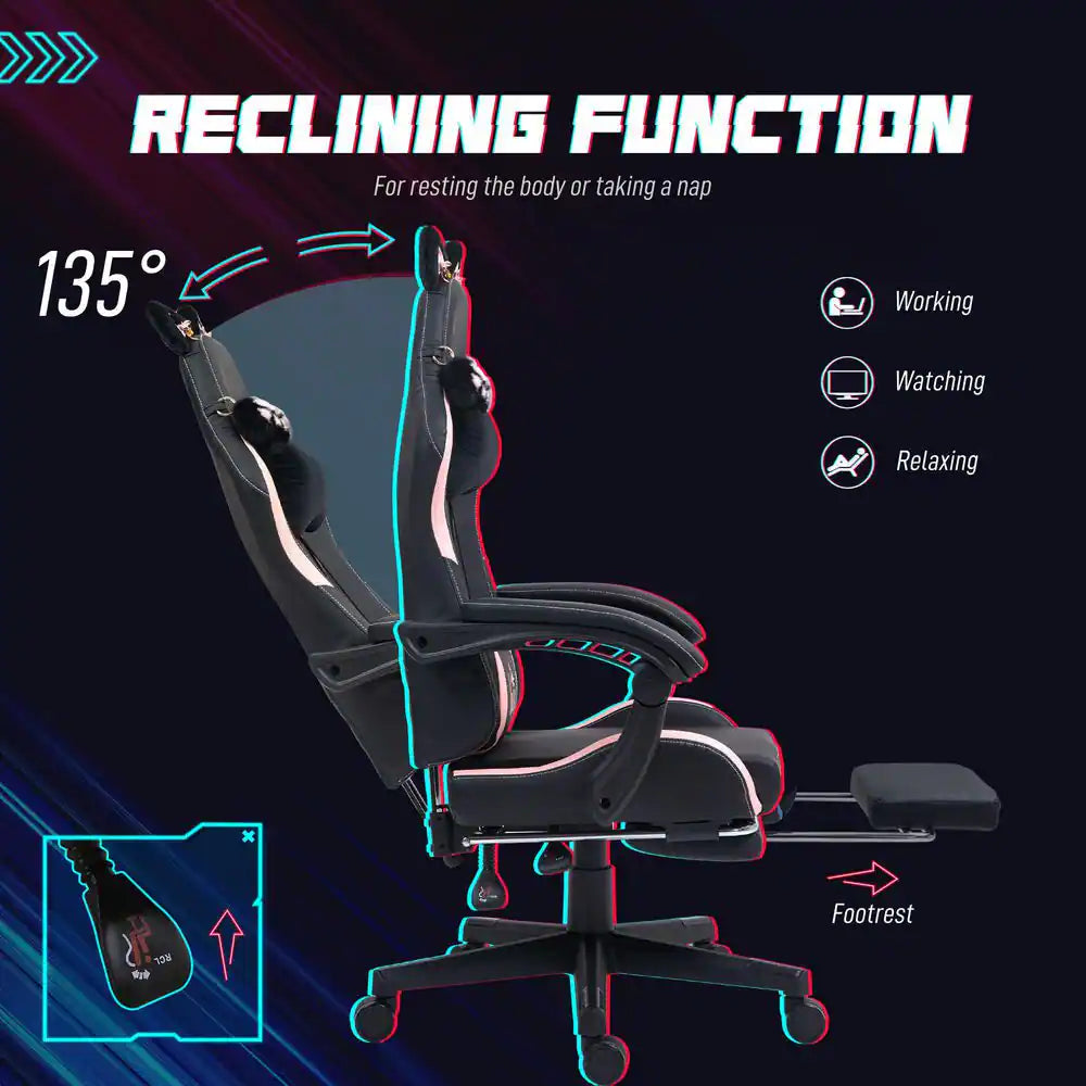 Faux Leather Cat Ear, Pillow, Adjustable Height, Tilt Gaming Chair in Black and Pink