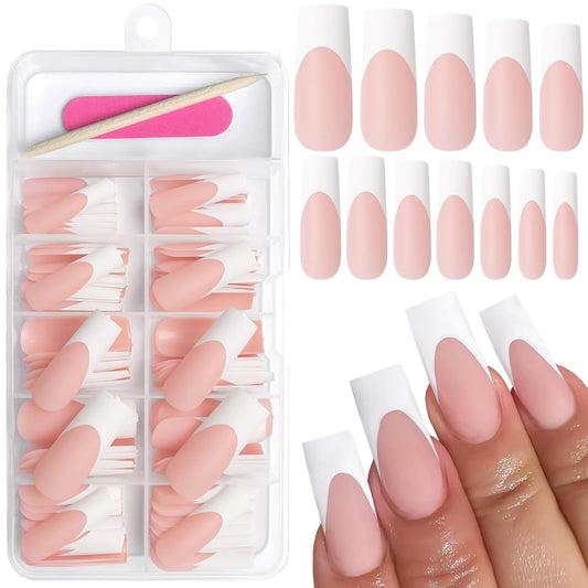 Addfavor 120Pcs White French Tip Press on Nails Long Square Fake Nails Nude False Nails Sqaure French Press Ons Square Nail Acrylic Artificial Nail with Adhesive Tab for Women