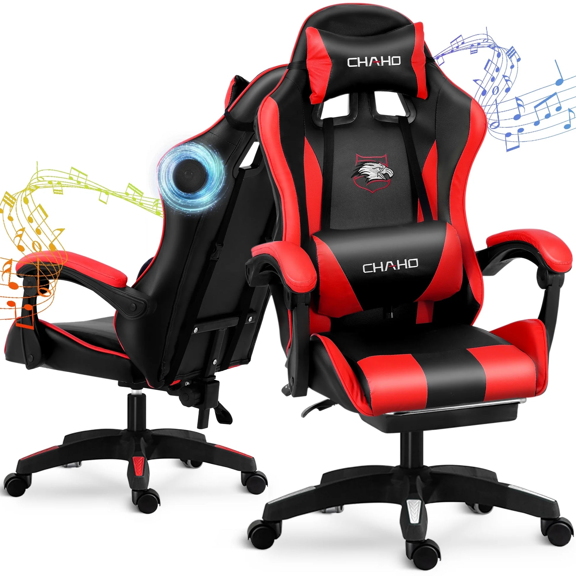 Gaming Chair, CHAHO Ergonomic Office Gaming Chair Computer Racing Chair with Footrest Lumbar Support Headrest and Bluetooth Speakers for Adults, Red
