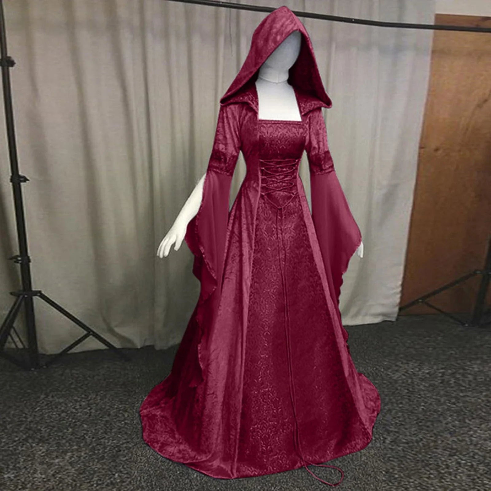 Women'S Hooded Gothic Dres Long Sleeve Hooded a Line Tiered Midi Dress Gothic Dresses for Ladies Lace Bow Tie Gothic Dress Floor Length Cosplay Dress Red M