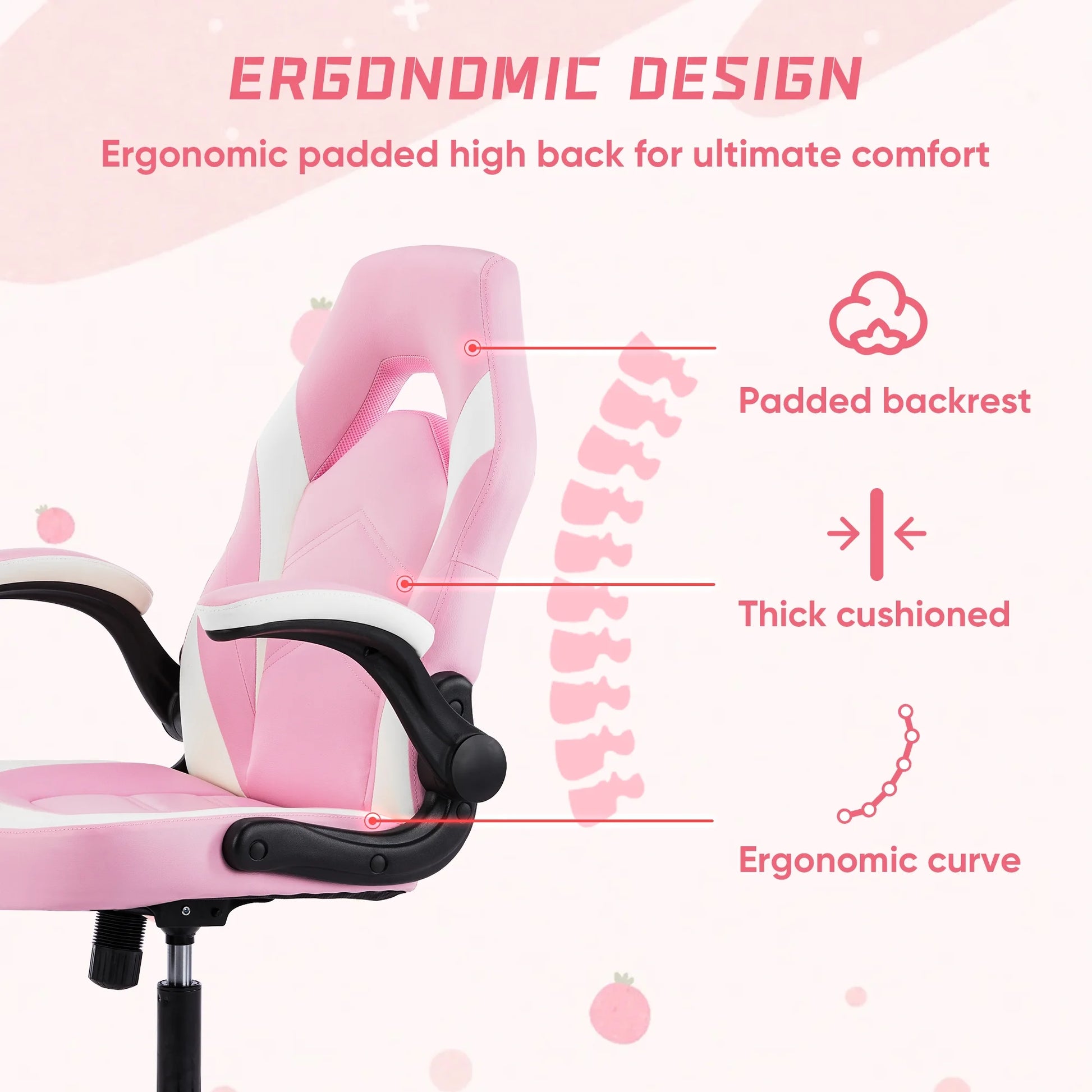Computer Gaming Desk Chair - Ergonomic Office Executive Adjustable Swivel Task PU Leather Racing Chair with Flip-Up Armrest, Pink White