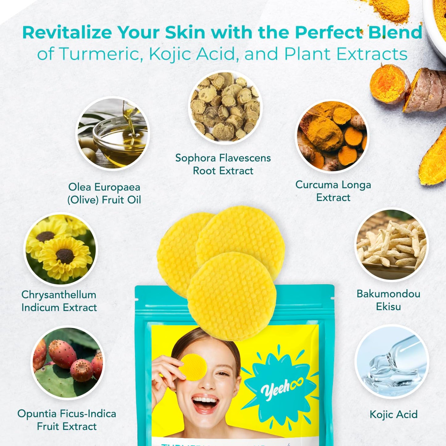 Turmeric Kojic Exfoliating Cleansing Pads: Turmeric Pads for Makeup Removal, Face and Body Cleaning, Facial Oil Balance - for More Smooth and Refreshed Skin 50 PCS