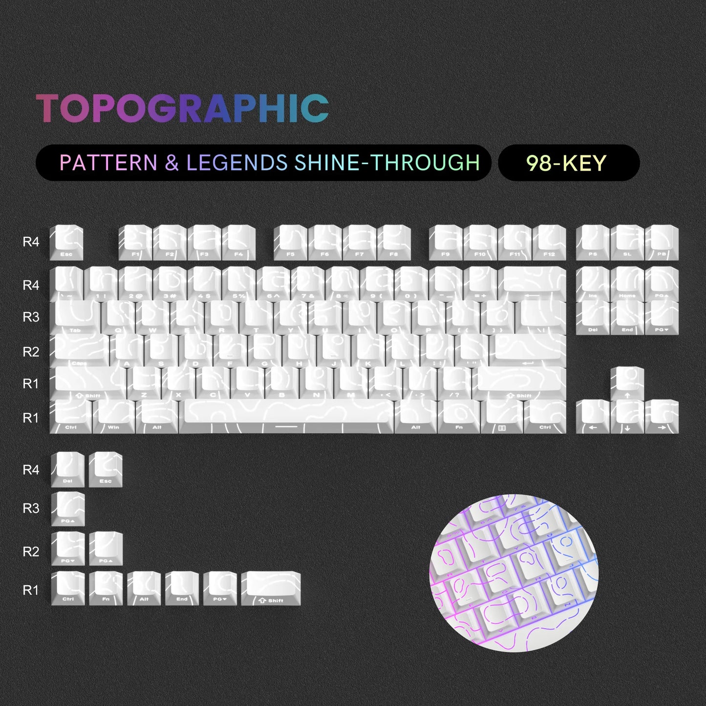 134 Key Black Topographic 4.0 PBT Keycaps Double Shot Side Print Shine through Backlit Key Caps for MX Gamer Mechanical Keyboard