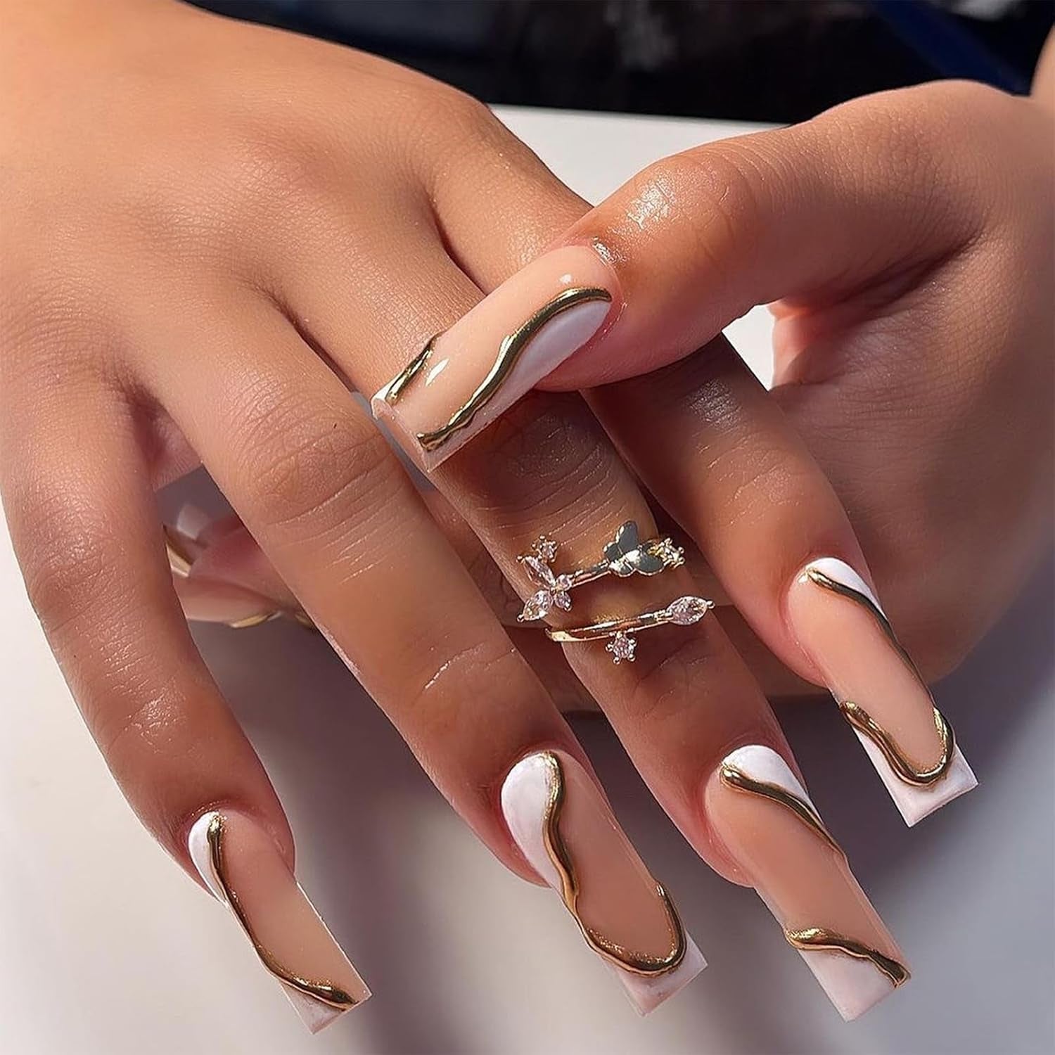 Press on Nails Extra Long - Aegenacess Square Press on Nails with 3D Gold Swirls, White and Nude Fake Nails with Glue Sticker, Handmade Stick on Nails False Nail in 12 Sizes, 24Pcs