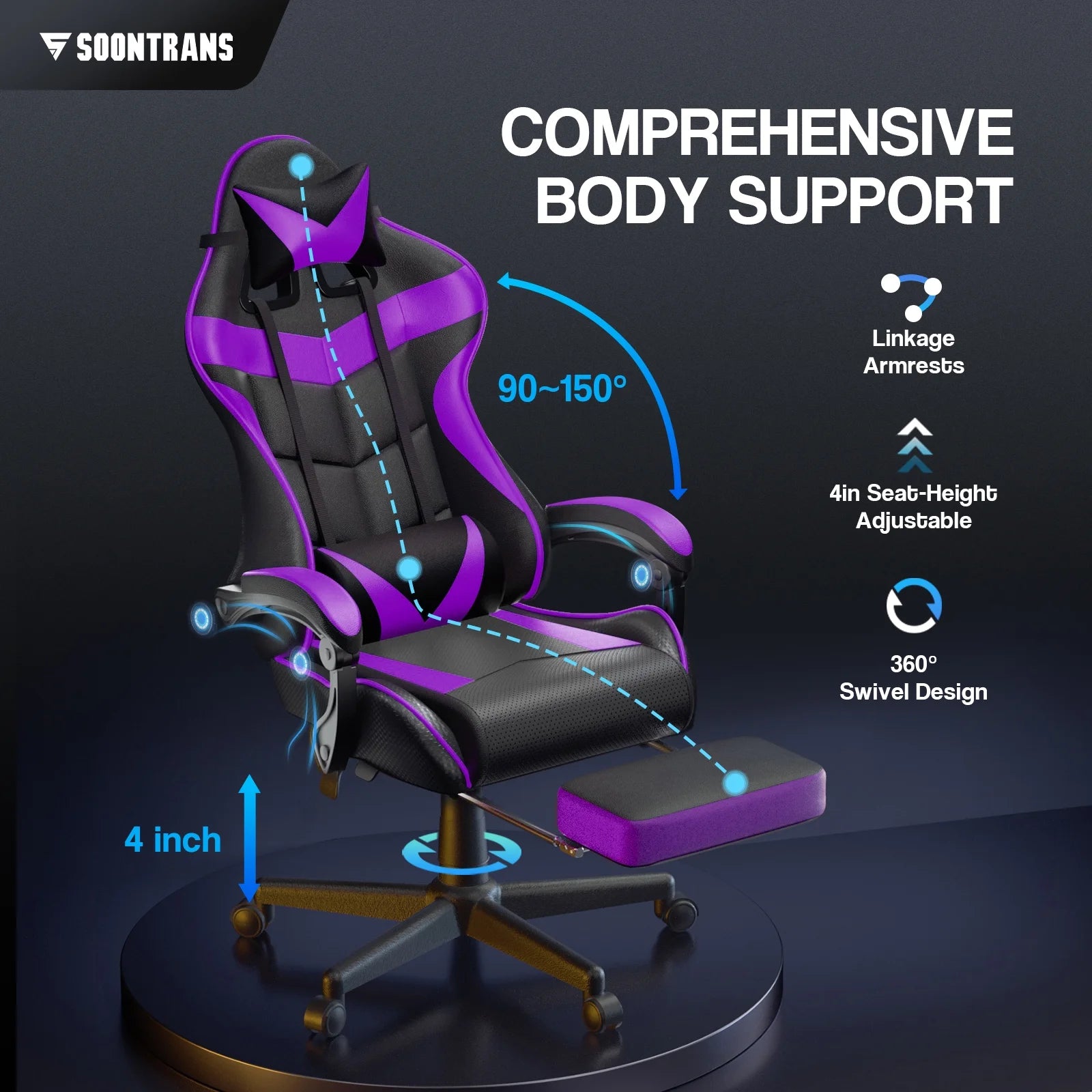 Gaming Chair Office Chair with Footrest, Computer Chair with Massage Lumber Pillow, High Back Ergonomic Gamer Chairs, Swivel Game Desk Chair, Purple