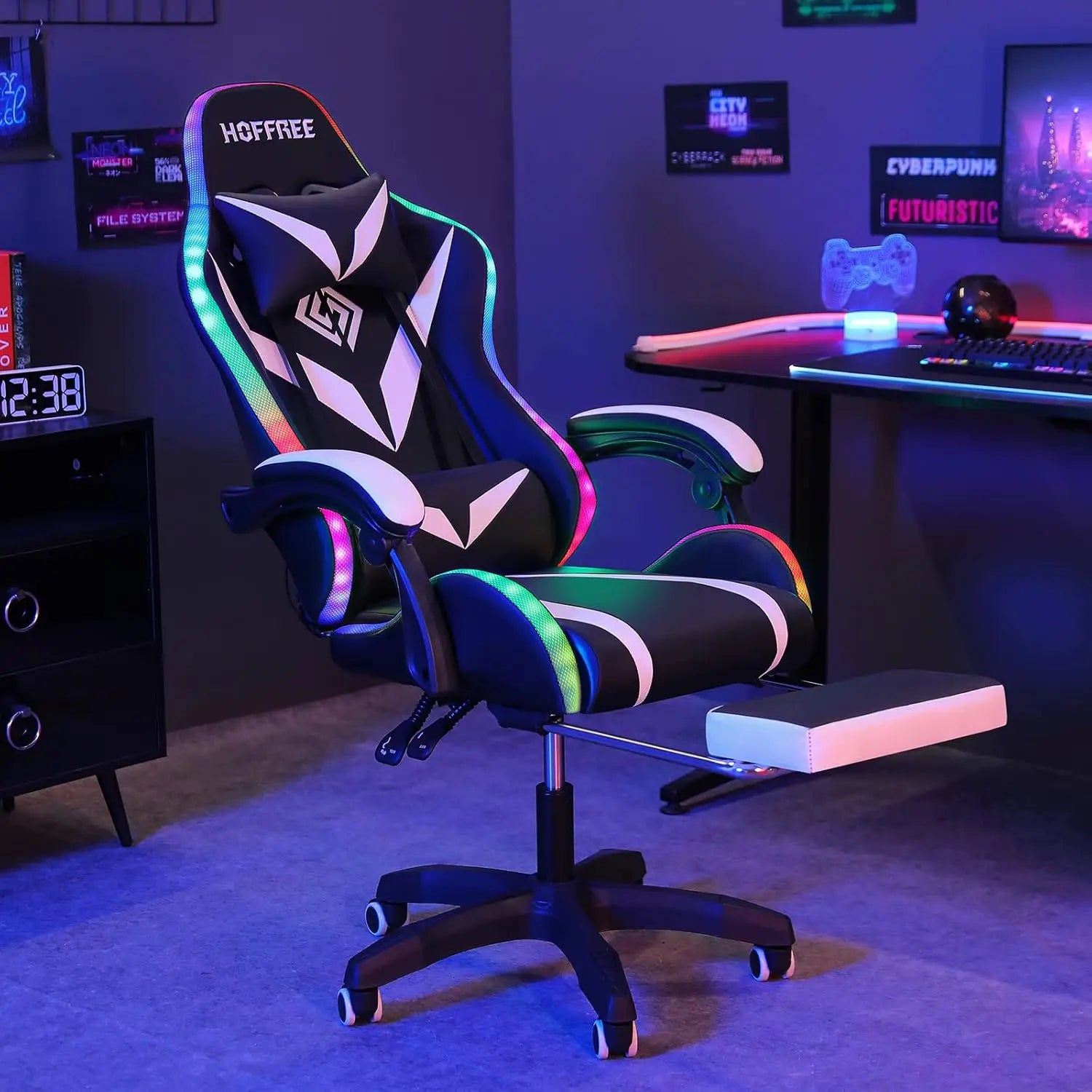 Gaming Chair Massage with Bluetooth Speakers and Led Lights Ergonomic Computer Gaming Chair with Footrest RGB Video Game