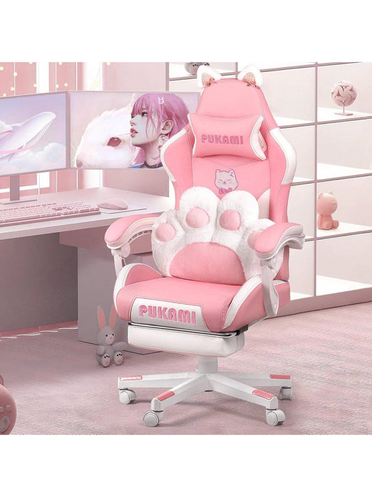 VITESSE Pink Gaming Chair | Cat Ears, Cat Paw Cushion Pillow, Footrest, Ergonomic, Kawaii, Reclining | Girl, Cute Video Gme Chair, Gift for Girls, Christmas Thanksgiving Cyber Monday Gift