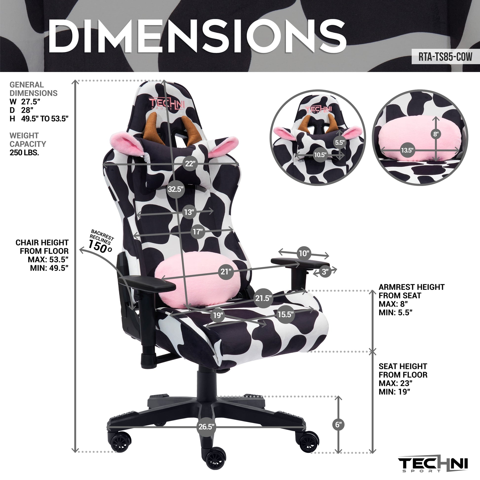 Techni Sport TS85 Luxx Series Gaming Chair with Memory Foam Seat, Black/White Cow Print RTA-TS85-COW