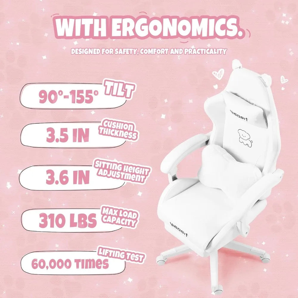 Gaming Chair Cute with Ears and Kawaii Cushion, Ergonomic Computer Game Chair for Girl with Lumbar Support and Footrest, Comfort
