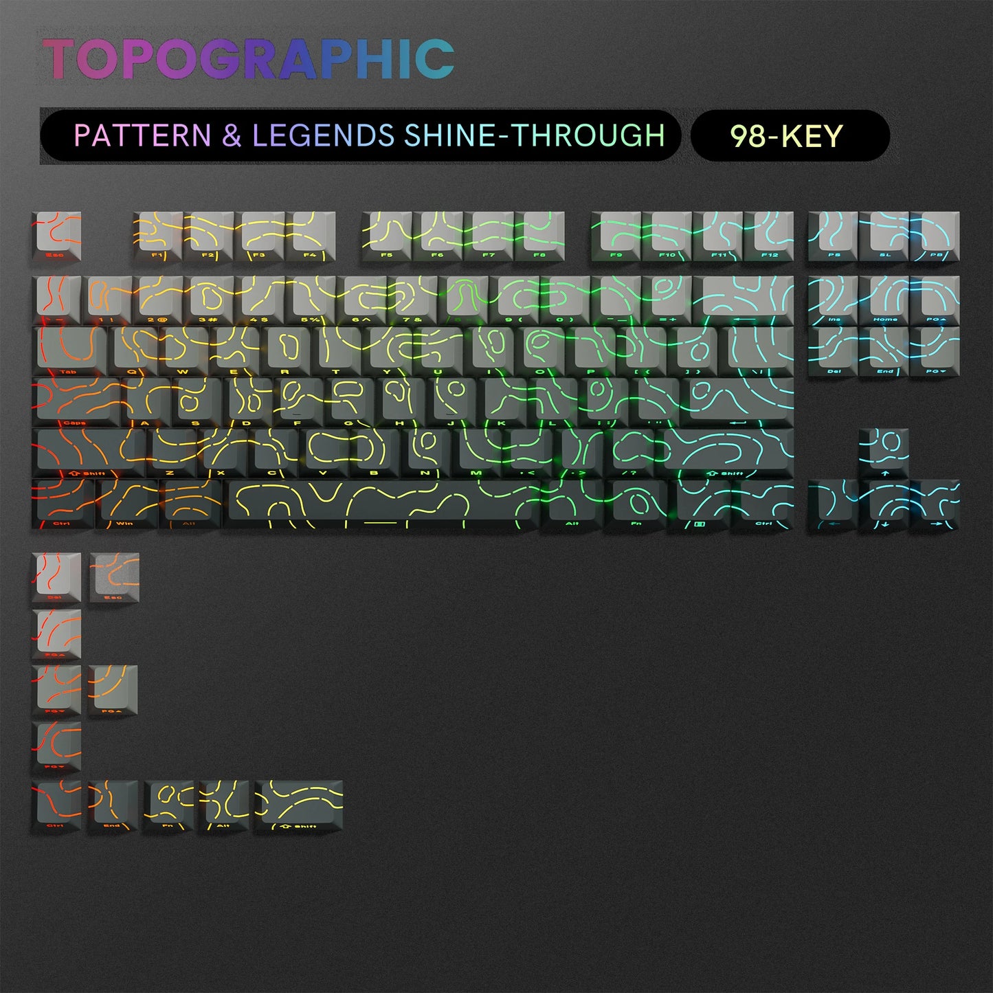 134 Key Black Topographic 4.0 PBT Keycaps Double Shot Side Print Shine through Backlit Key Caps for MX Gamer Mechanical Keyboard