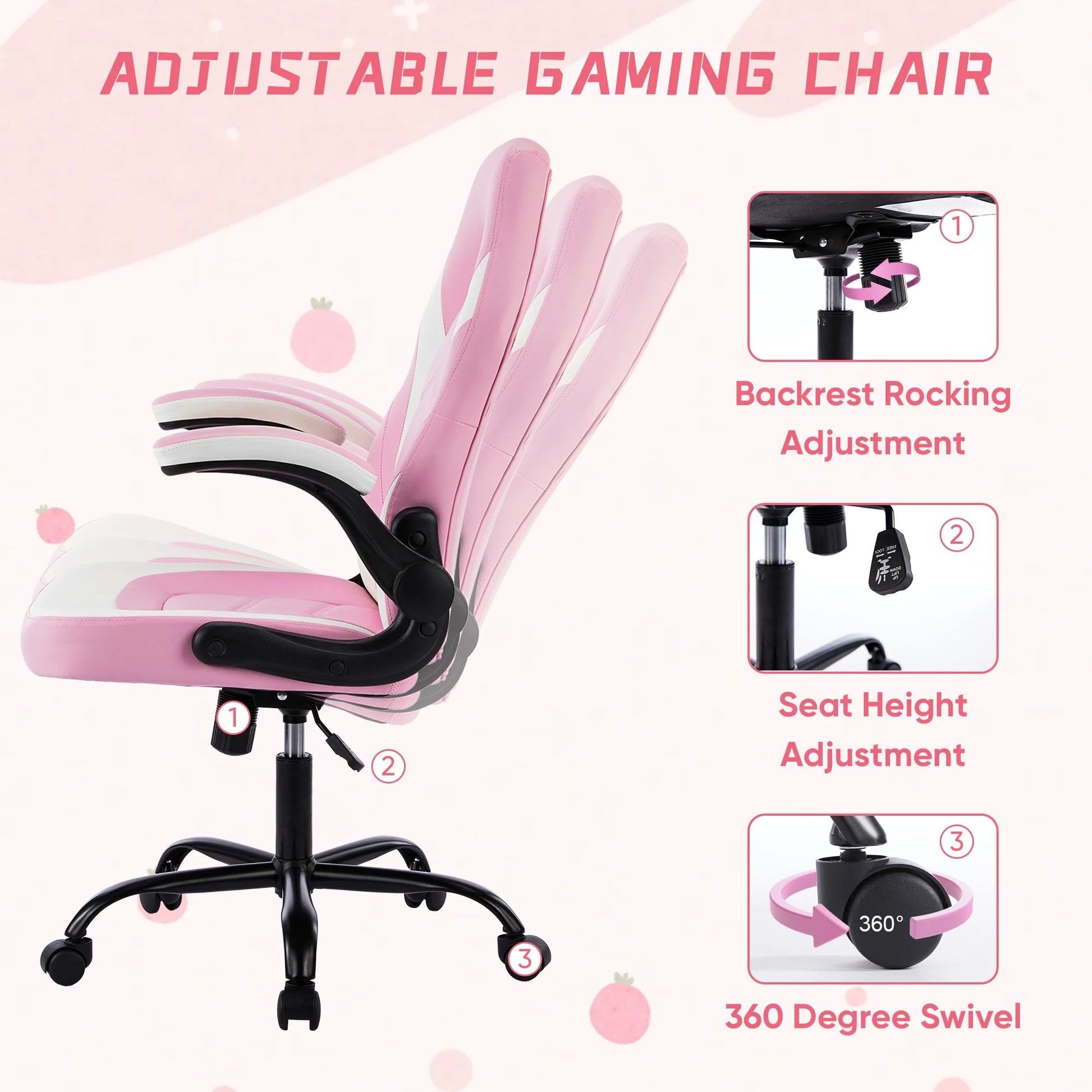 Computer Gaming Desk Chair - Ergonomic Office Executive Adjustable Swivel Task PU Leather Racing Chair with Flip-Up Armrest, Pink White