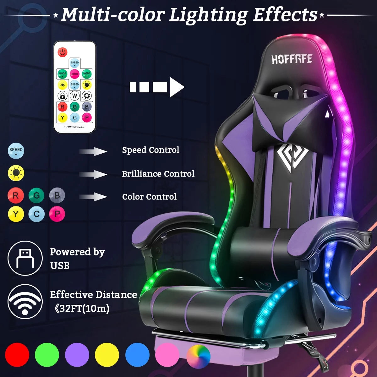 Gaming Chair with Massage PU Leather Office Chair with Footrest and LED Light Ergonomic Gamer Chair Lumbar Support Adjustable Headrest High Back Computer Chair for Home Office