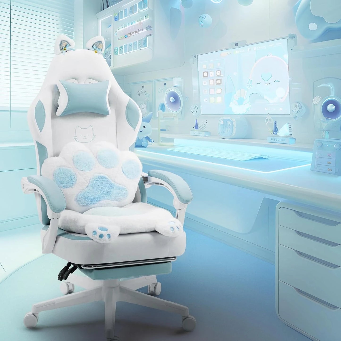 Gaming Chair Cute with Cat Ears Paw Lumbar and Cushion,Ergonomic Computer Chair with Footrest,Reclining PC Game Chair for Girl