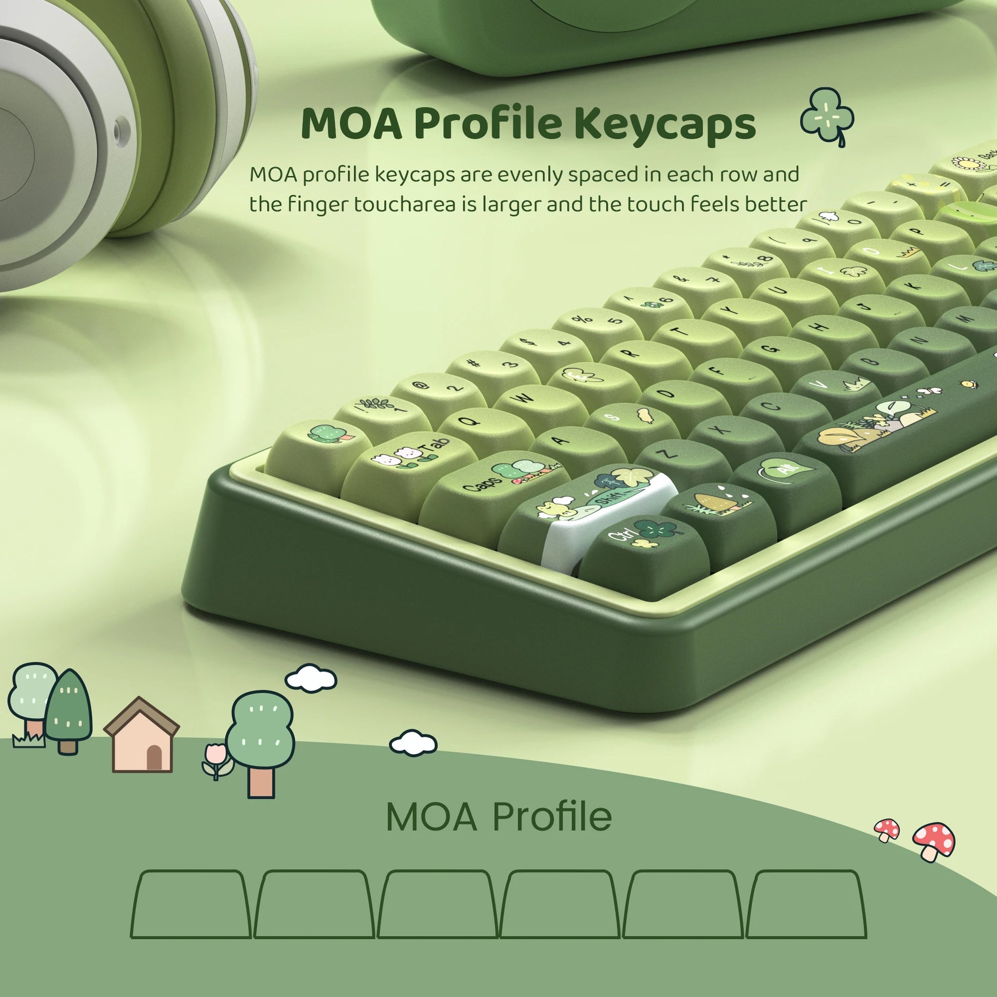 132 Keys Green 5 Sides Dye Sublimation PBT Keycaps Cute MOA Profile Keycaps for Cherry Gateron MX Switches Mechanical Keyboards