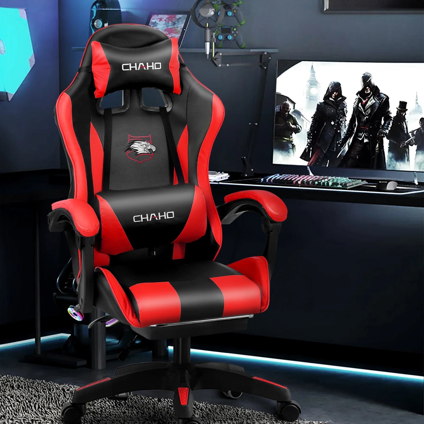 Gaming Chair, CHAHO Ergonomic Office Gaming Chair Computer Racing Chair with Footrest Lumbar Support Headrest and Bluetooth Speakers for Adults, Red
