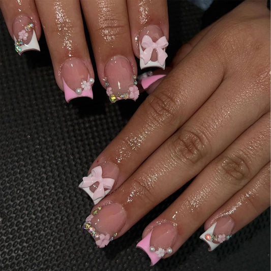24Pcs French Tip Press on Nails Short with Charms Bow Flower Design, Pink French Nails Press Ons Cute Bow Stick on Nails Short Square Shape Acrylic Nails Rhinestones Nails for Women