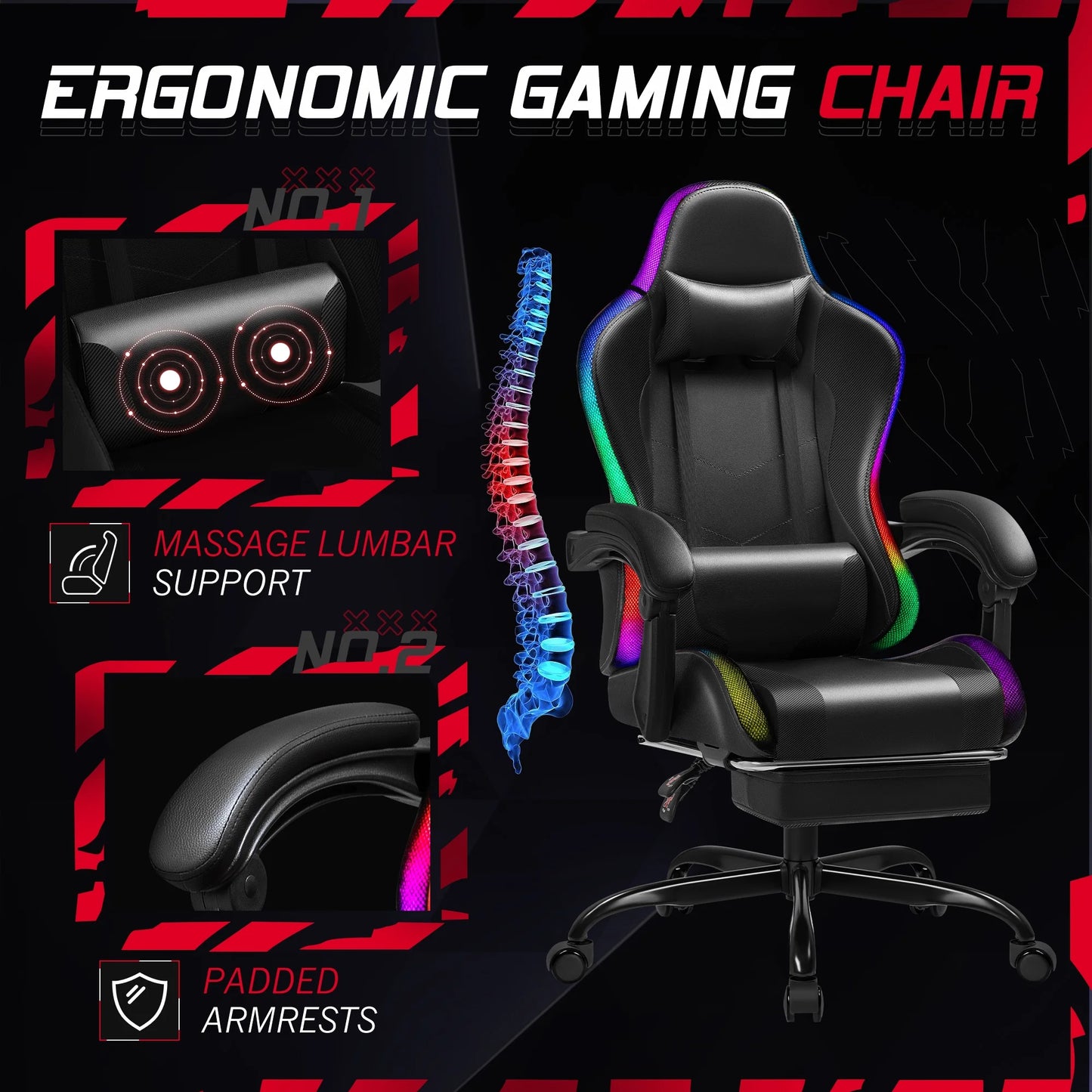 Homall RGB Gaming Chair with Massage and LED Lights Ergonomic Computer Chair with Footrest E-Sports Chair with Adjustable Lumbar Support Reclining Video Game Chair, Black