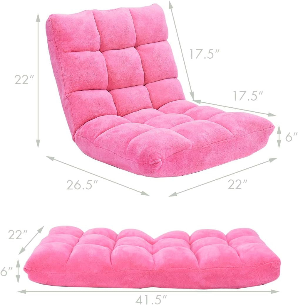 Cushioned Floor Chair, 14-Position Adjustable Padded Lazy Recliner with Comfortable Back Support and Skin-Friendly Cover, Great for Reading, Playing Game, Meditating (Delightful Pink)