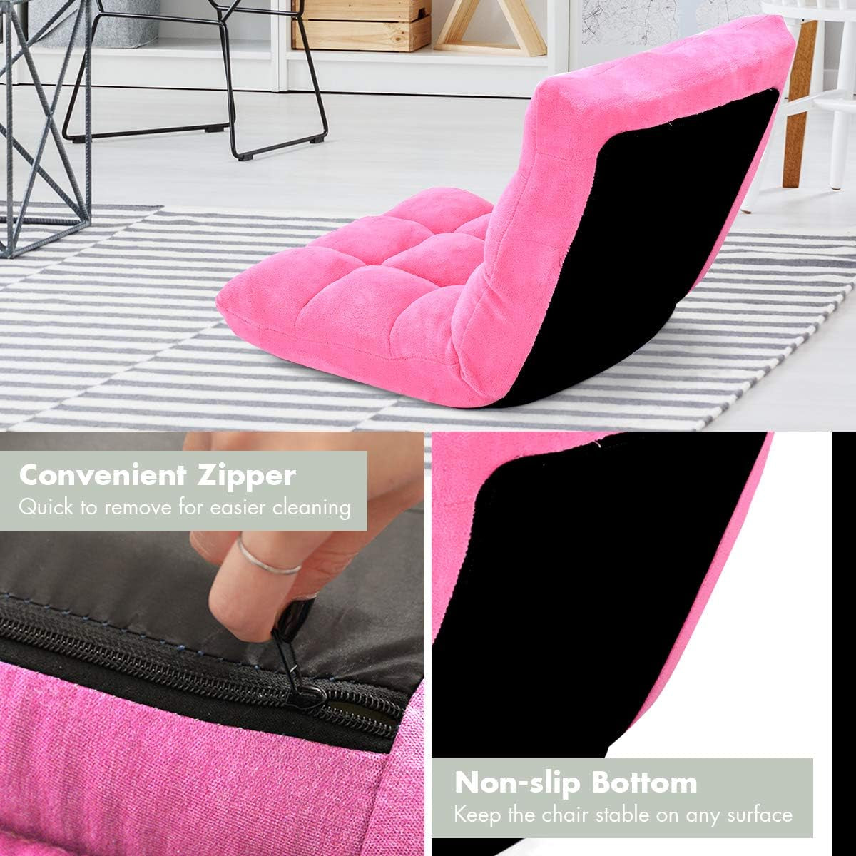 Cushioned Floor Chair, 14-Position Adjustable Padded Lazy Recliner with Comfortable Back Support and Skin-Friendly Cover, Great for Reading, Playing Game, Meditating (Delightful Pink)
