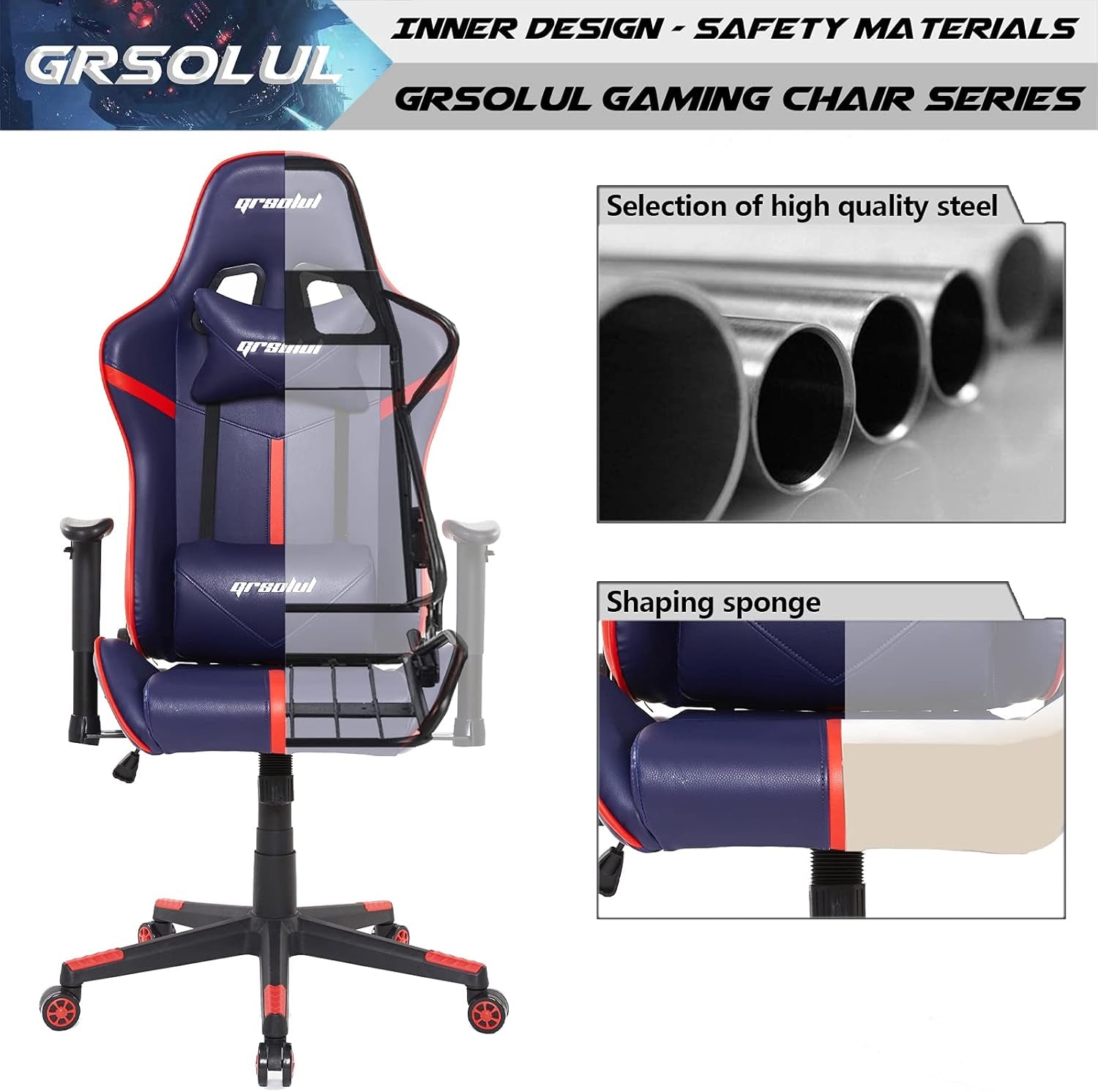 Gaming Chair Ergonomic Video Game Chair with Adjustable Lumbar Support & Headrest,High Back Office Computer Chair for Adults Teens,Blue.