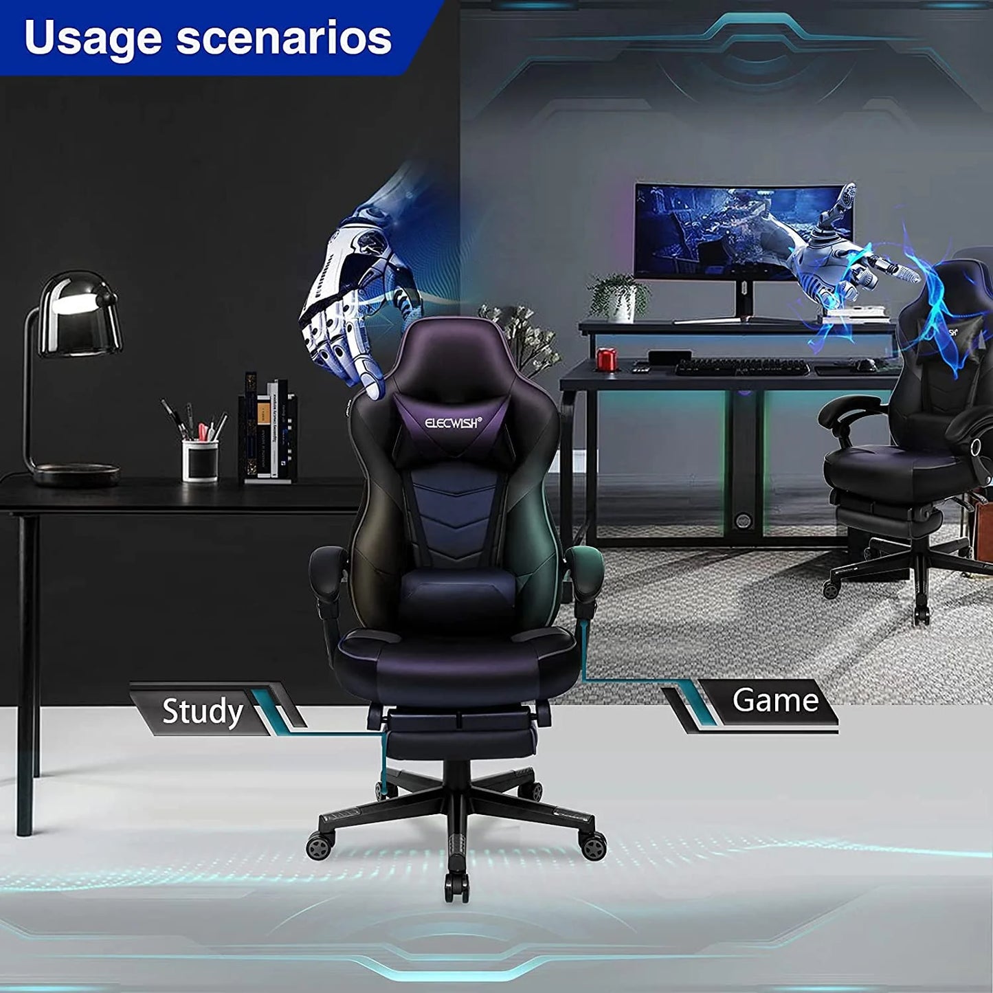 Racing Style Reclining Gaming Chair High Back Large Size Ergonomic Adjustable Swivel Computer Chair with Footrest Headrest and Lumbar Support PU Leather Executive Office Chair (Black)