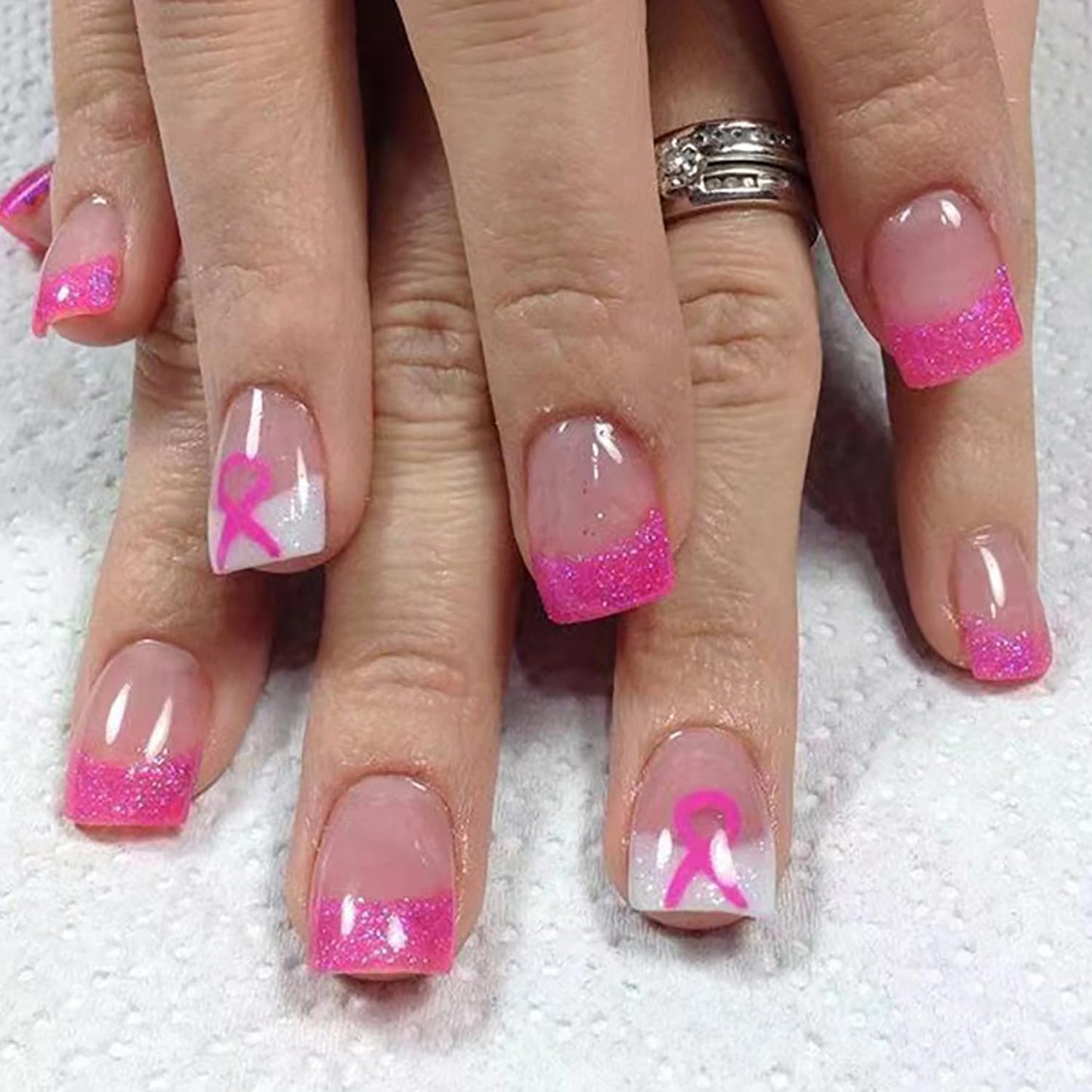 24Pcs Pink Press on Nails Short Square Fake Nails French Tip Press Ons with Flower Bow Charms Design Acrylic False Nails Glitter Rhinestone Glue on Nails Glossy Artificial Stick on Nails Kit for Women