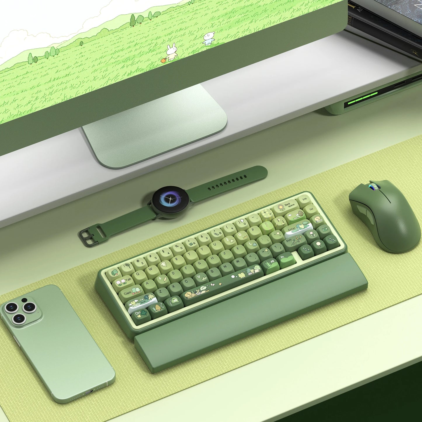 132 Keys Green 5 Sides Dye Sublimation PBT Keycaps Cute MOA Profile Keycaps for Cherry Gateron MX Switches Mechanical Keyboards