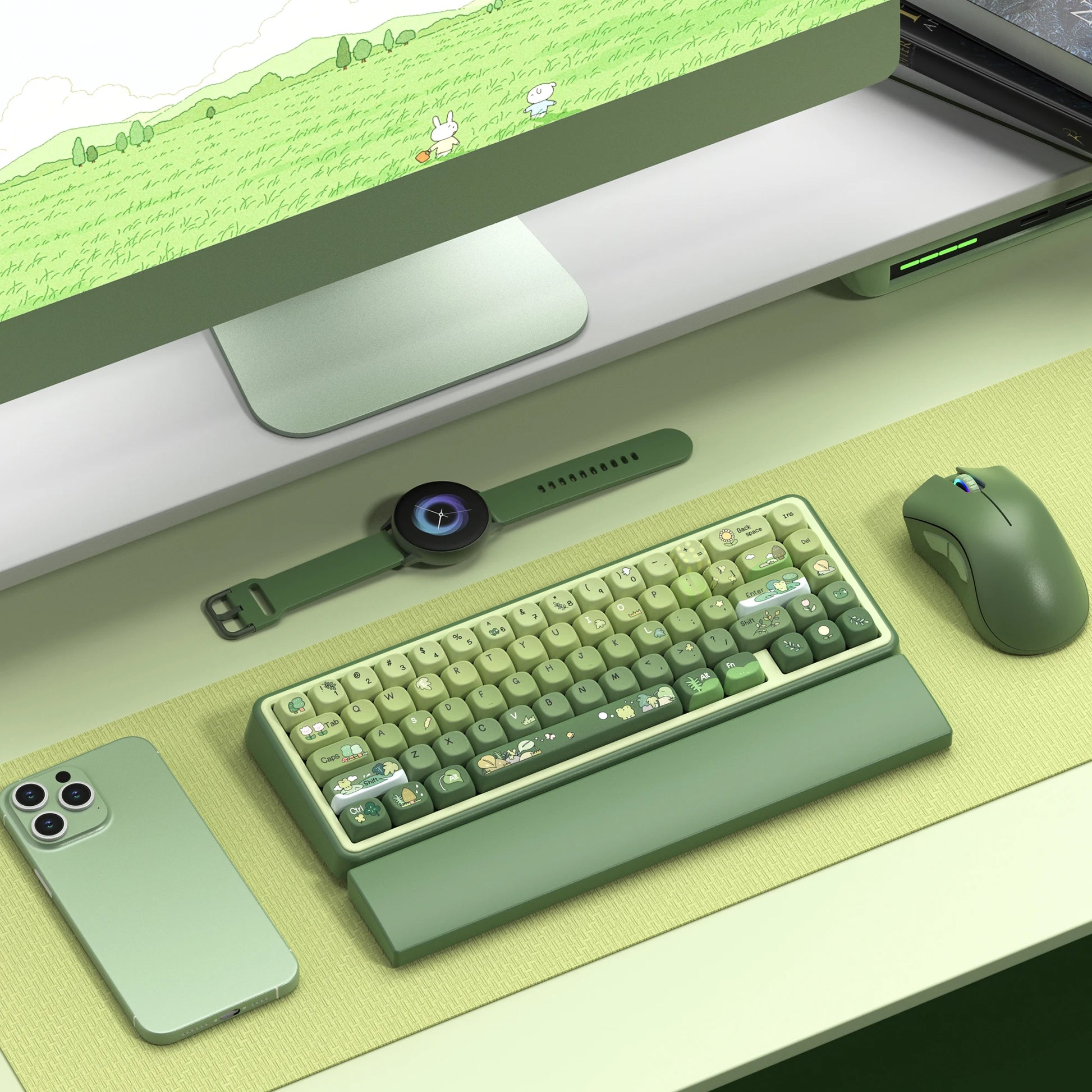 132 Keys Green 5 Sides Dye Sublimation PBT Keycaps Cute MOA Profile Keycaps for Cherry Gateron MX Switches Mechanical Keyboards