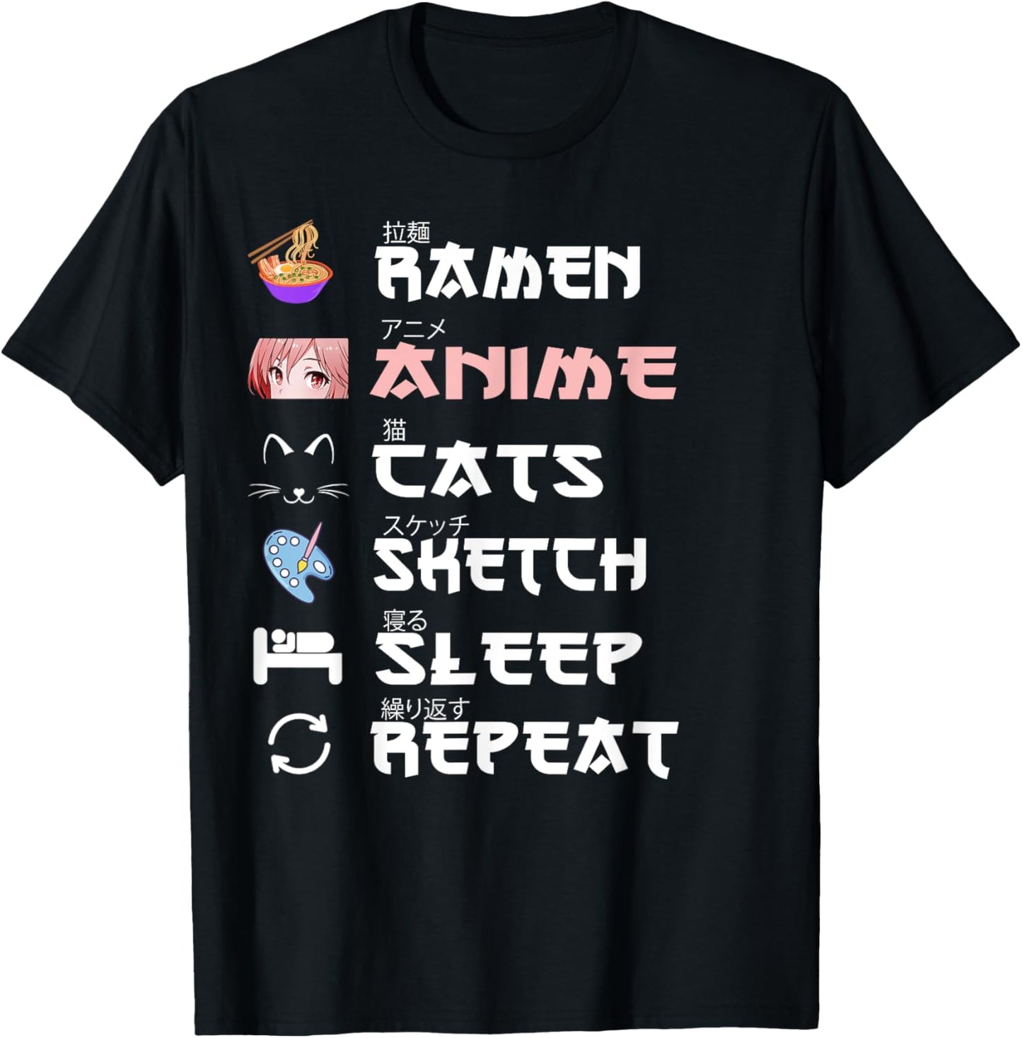 Anime Japanese Ramen Sketching Cat Anime Lover Girls Teens T-Shirt