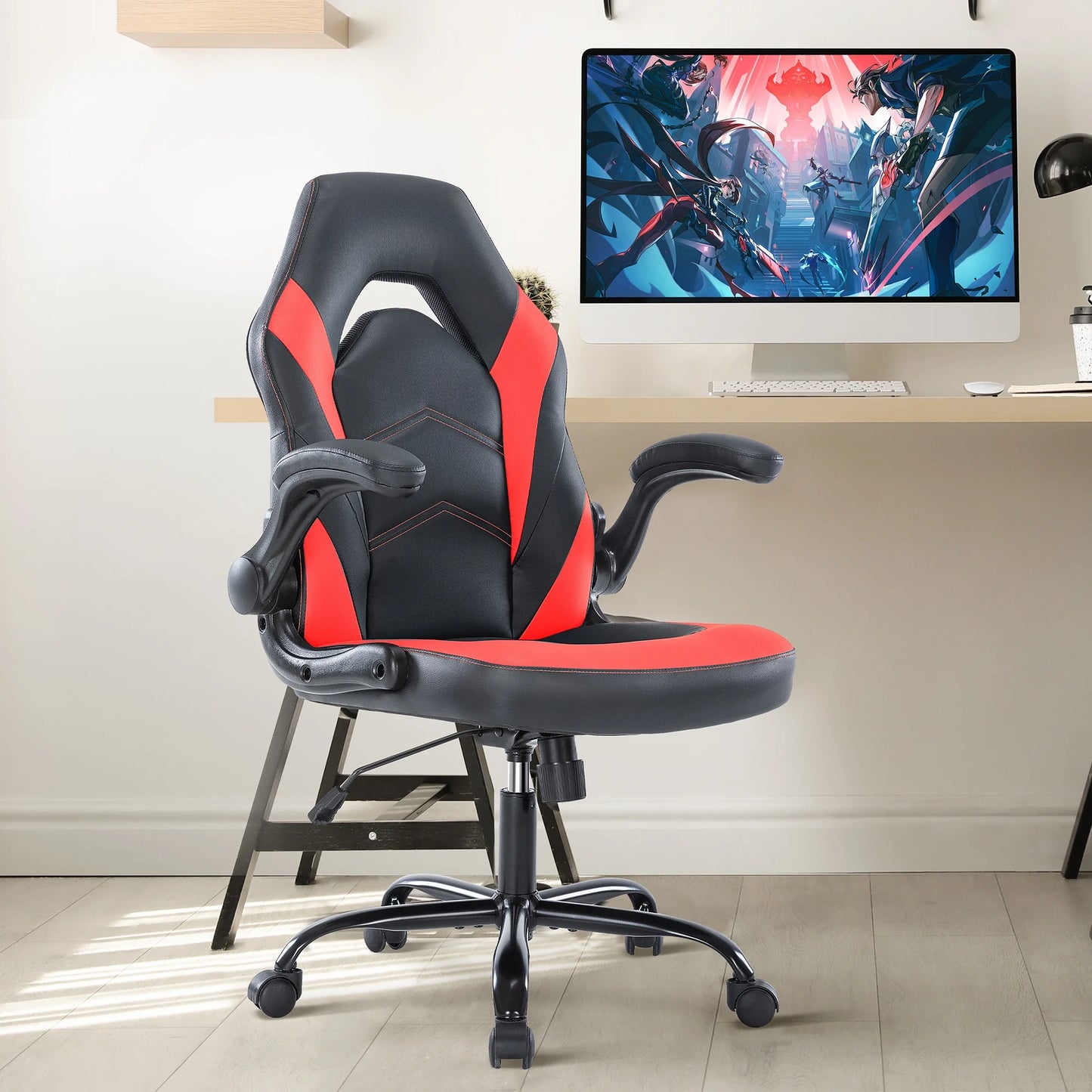 GIANNA Computer Gaming Chair, Ergonomic PU Leather Racing Chair with Flip-Up Armrest, Black Grey
