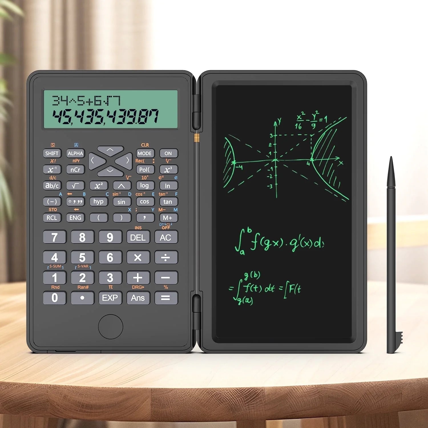 Scientific Calculator with Erasable Writing Board，10-Digit LCD Display Foldable Desk Calculator, 2 Line Physics Calculator for School Students, Financial, Office, Business, Engineering