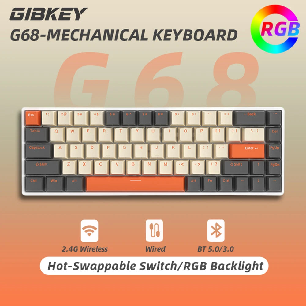 G68 Bluetooth Wireless Gaming Mechanical Keyboard Custom RGB Light Hot-Swappable Switch 68 Keys for Tablet Computer Work Gamer