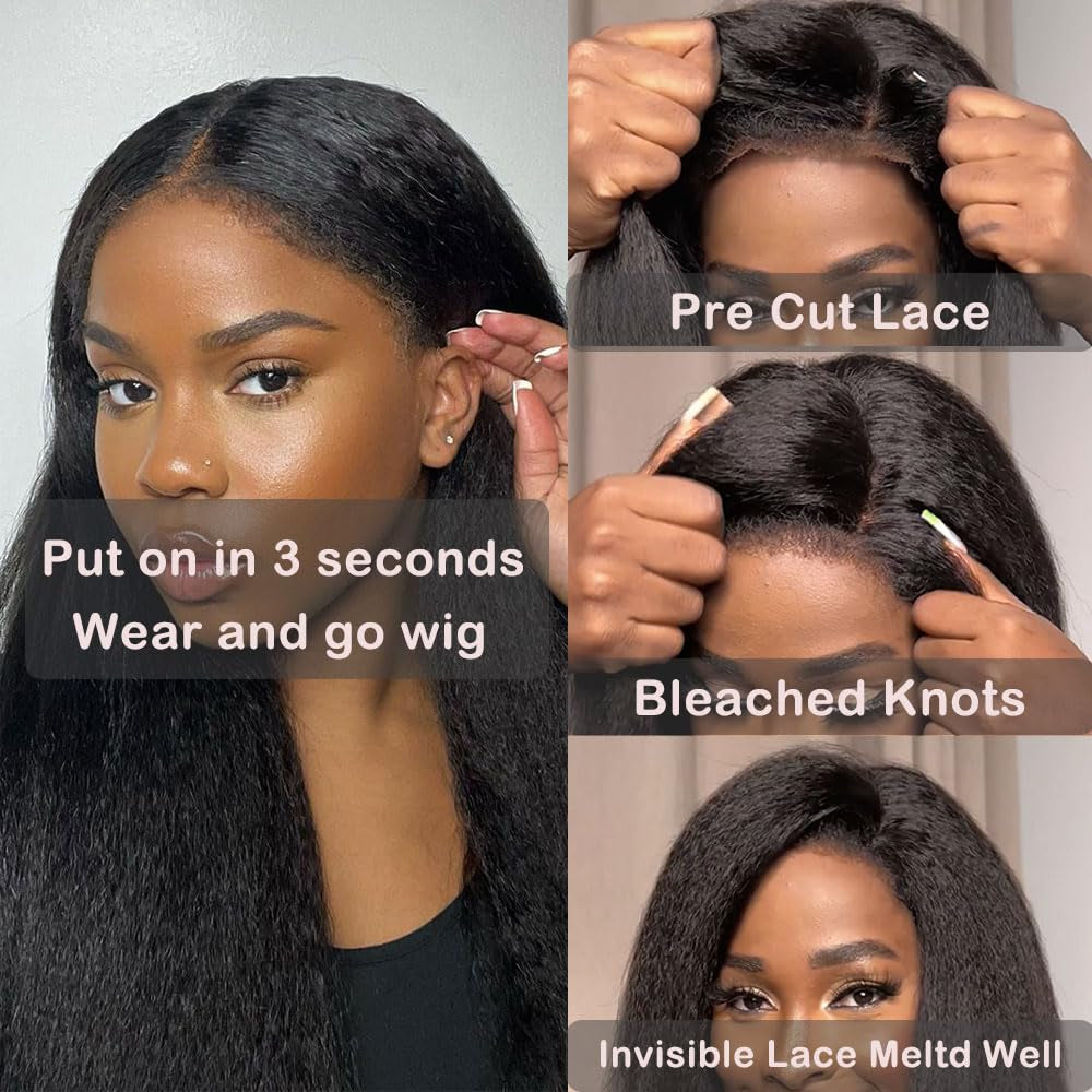 Bye Bye Knots Glueless Wig Pre Cut Lace Wear and Go Glueless Pre Plucked Wig Kinky Straight Human Hair Wig with 4C Edges Hairline 5X5 Closure Wigs Skinlike HD Lace Wig 180% Density (20Inches)