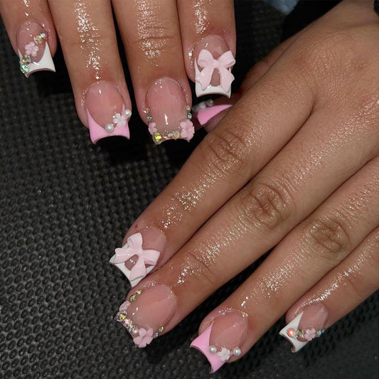 24Pcs Pink Press on Nails Short Square Fake Nails French Tip Press Ons with Flower Bow Charms Design Acrylic False Nails Glitter Rhinestone Glue on Nails Glossy Artificial Stick on Nails Kit for Women