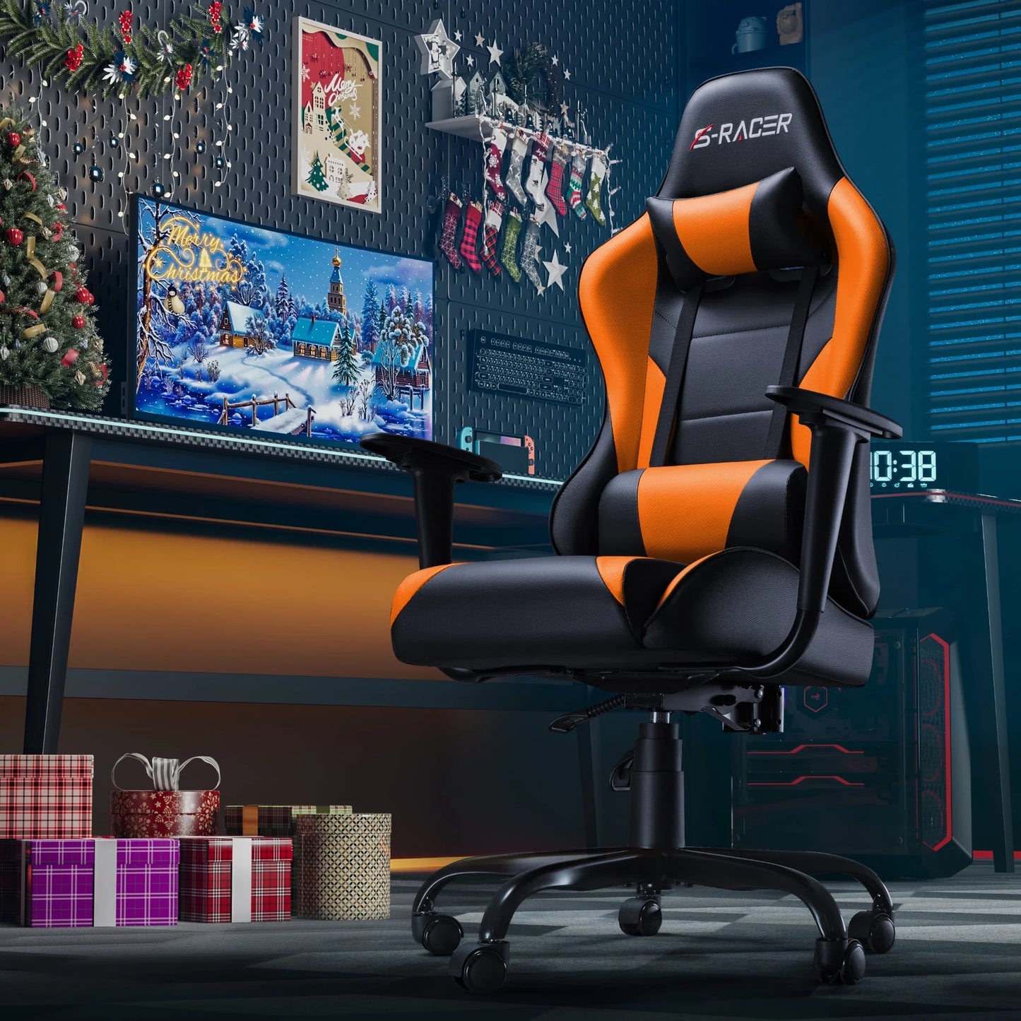 Gaming Chair Office Chair High Back Racing Computer Chair PU Leather Adjustable Seat Height Swivel Chair Ergonomic Executive Chair with Headrest, Orange